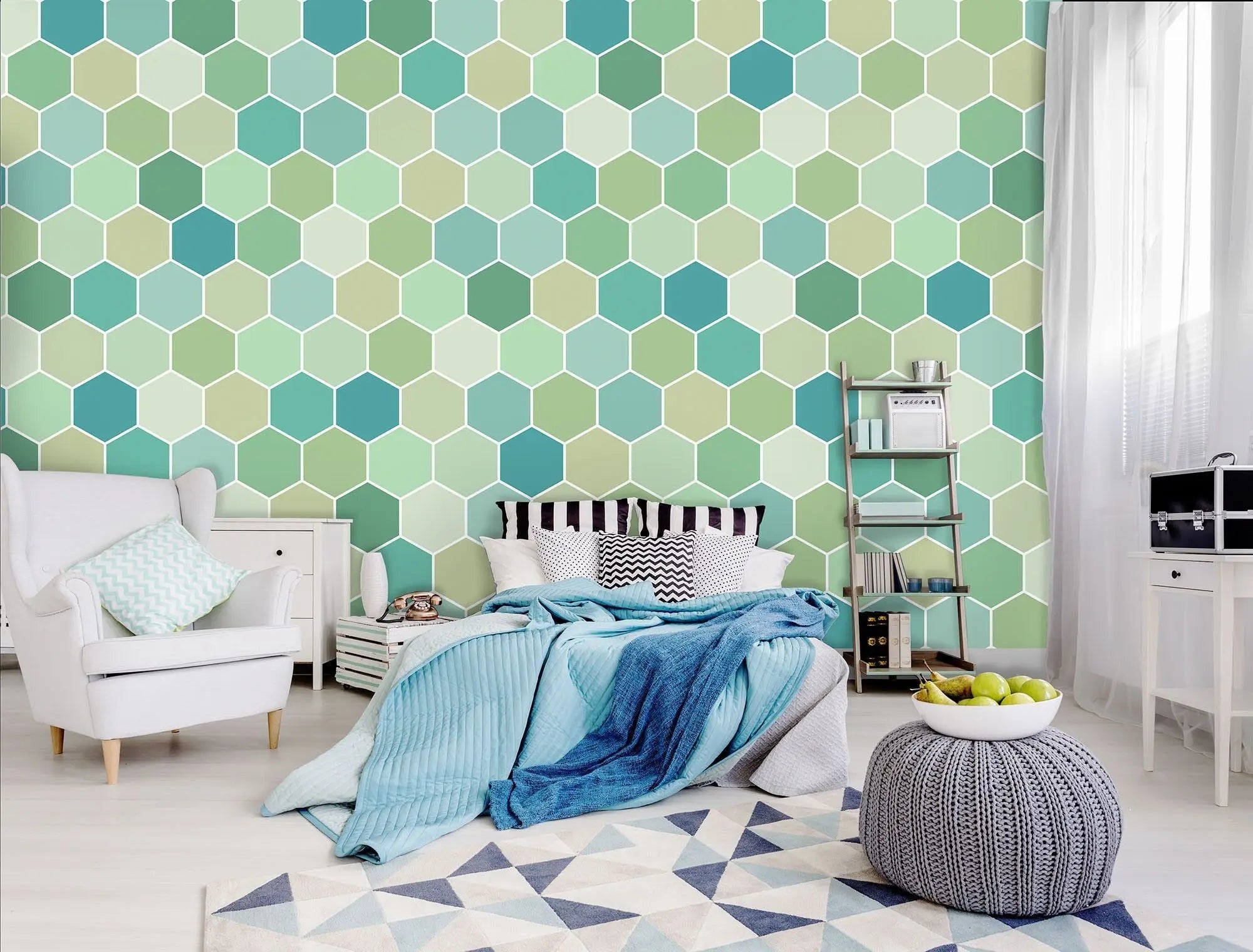 Billede 7 af Fototapet - Mønstret af grønne og blå sekskanter