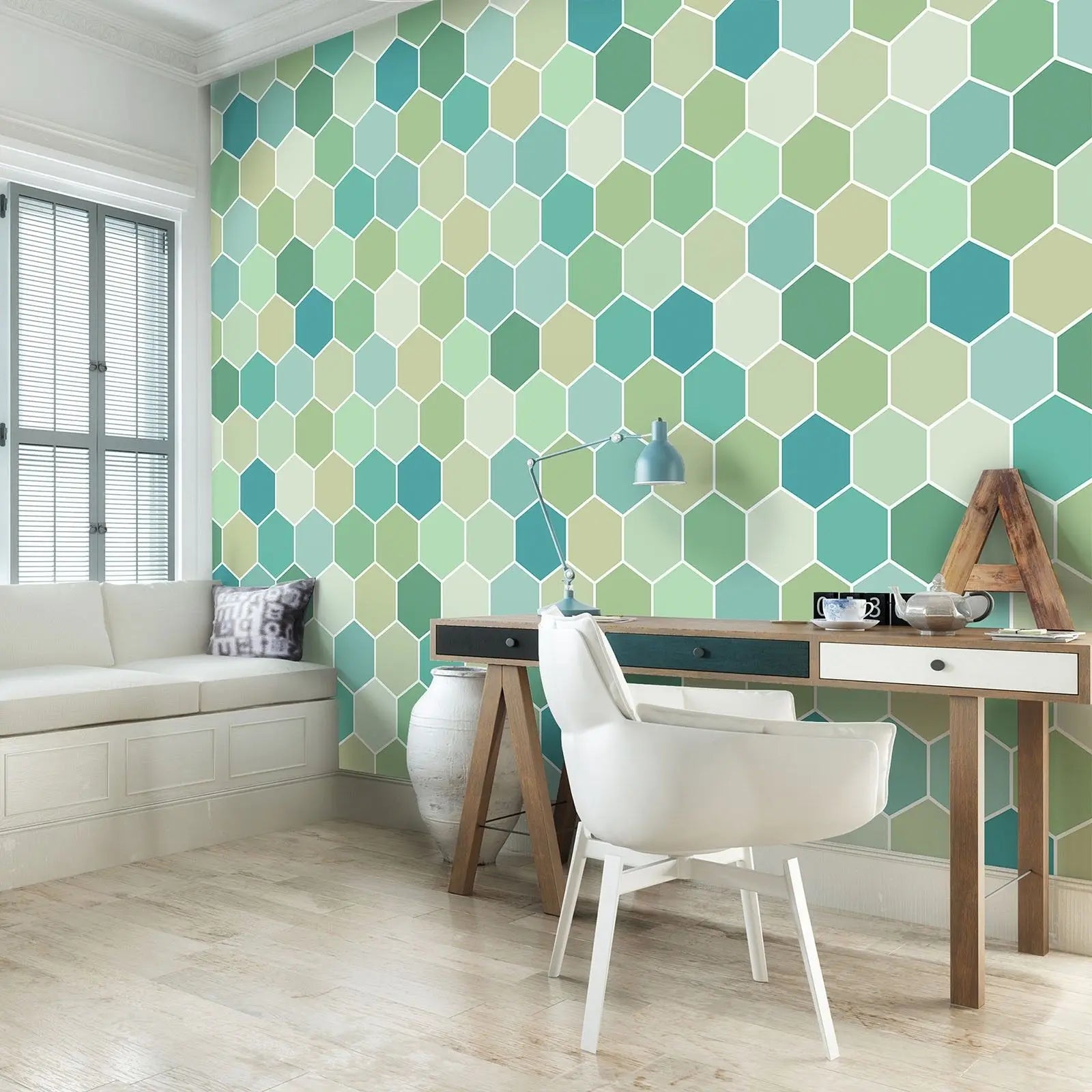 Billede 8 af Fototapet - Mønstret af grønne og blå sekskanter