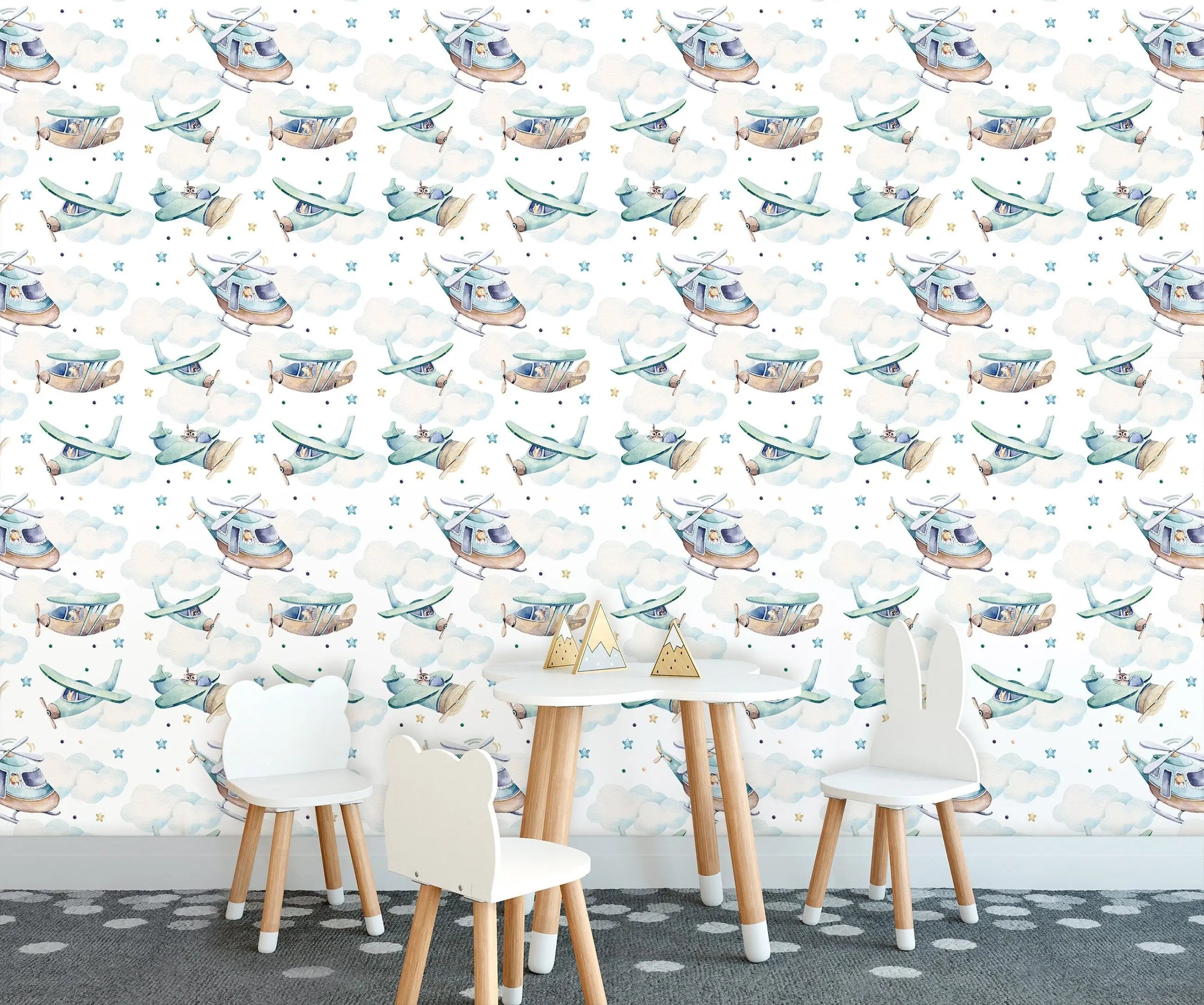 Billede 4 af Fototapet - Mønstret gentagelse af helikoptere og flyvemaskiner med skyer