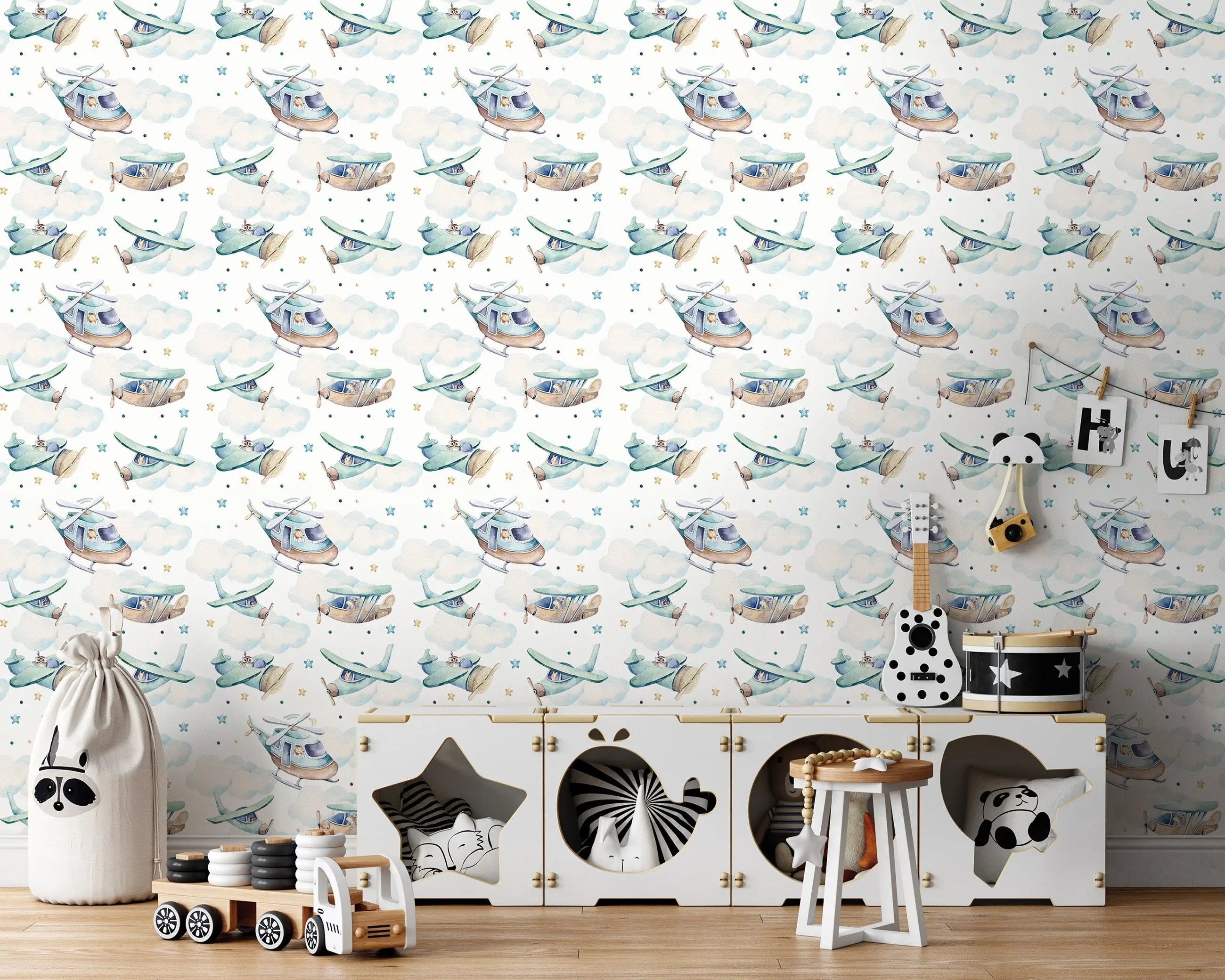 Billede 5 af Fototapet - Mønstret gentagelse af helikoptere og flyvemaskiner med skyer