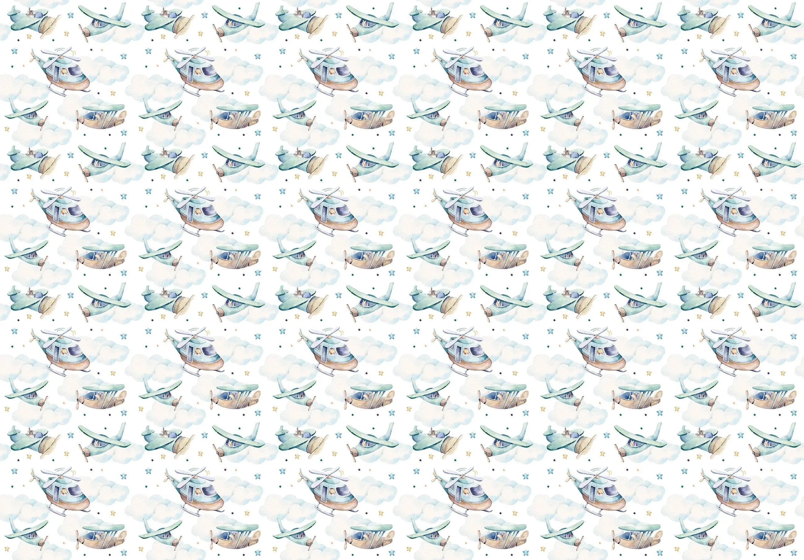 Billede 8 af Fototapet - Mønstret gentagelse af helikoptere og flyvemaskiner med skyer