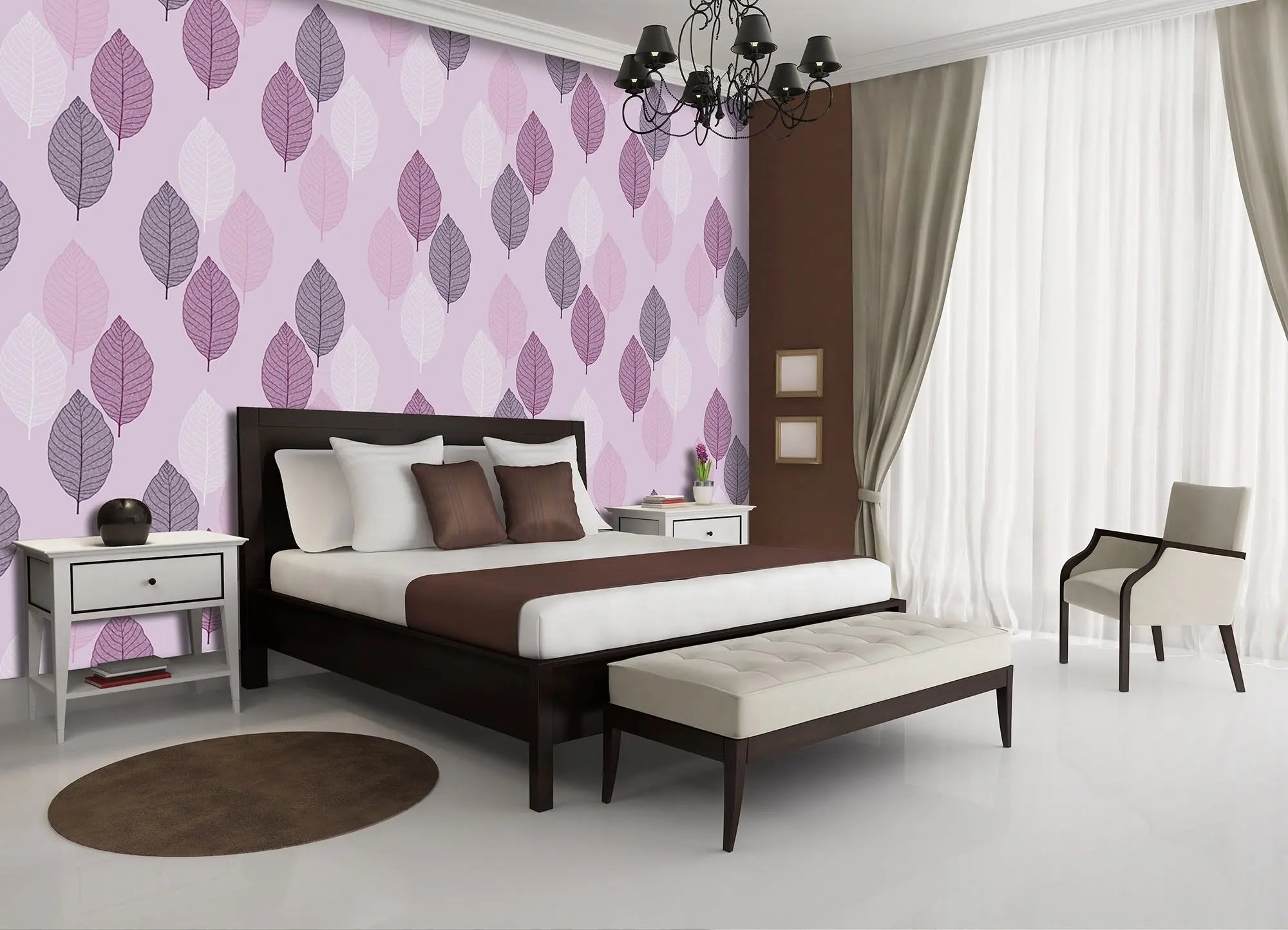 Billede 2 af Fototapet - Mønstret med lilla og lyserøde blade på lys baggrund