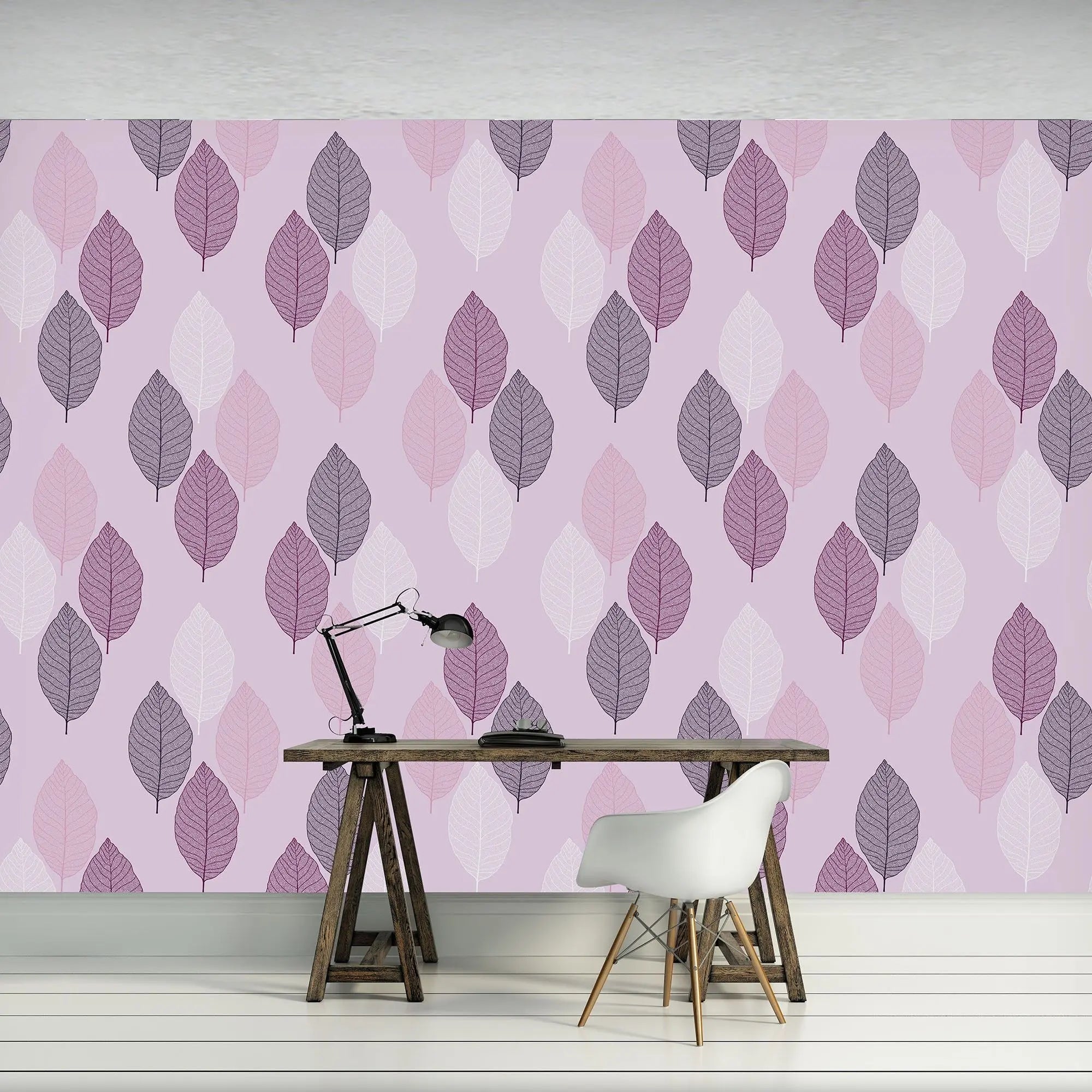 Billede 4 af Fototapet - Mønstret med lilla og lyserøde blade på lys baggrund