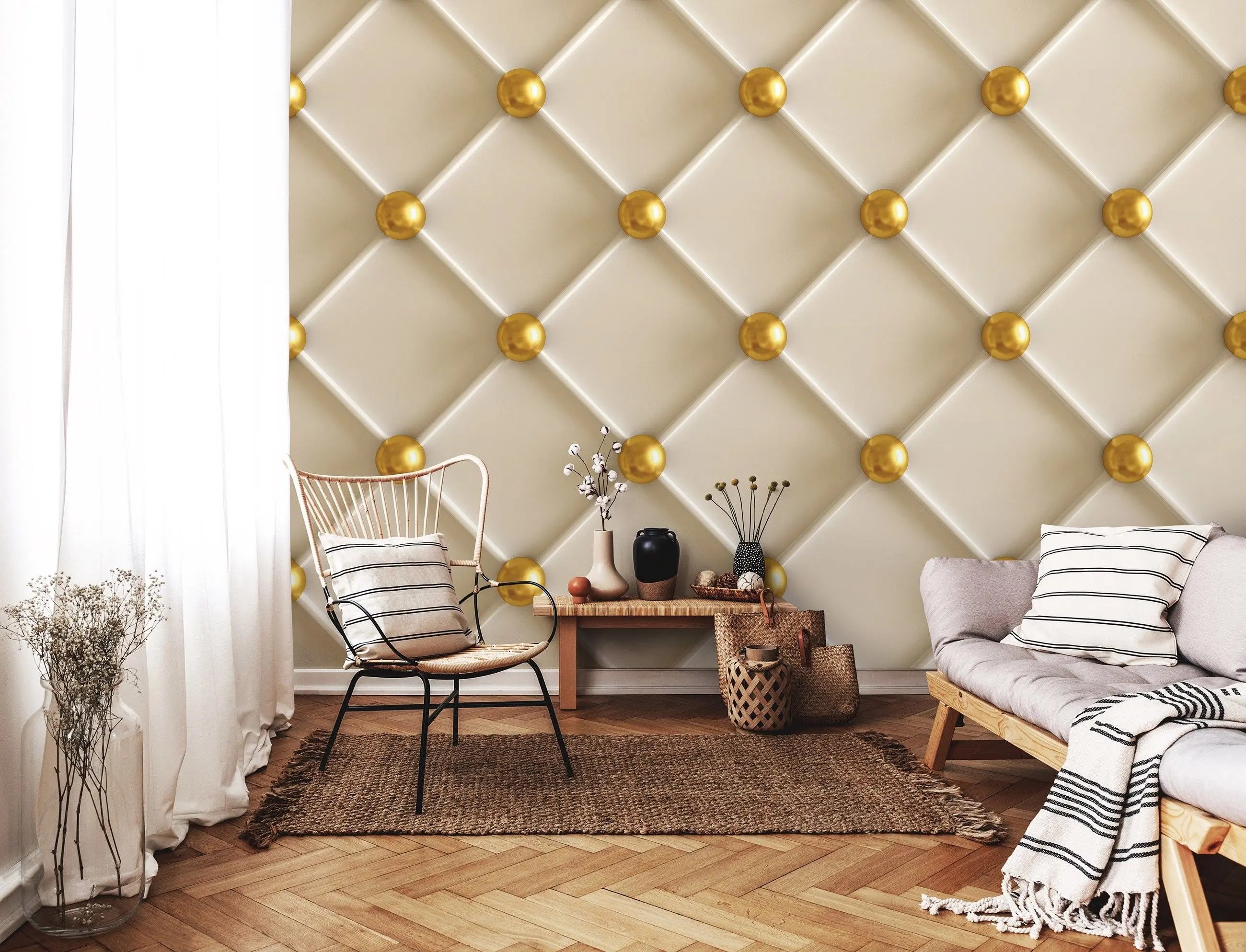 Billede 2 af Fototapet - Mønstret væg med beige polstring og gyldne knapper