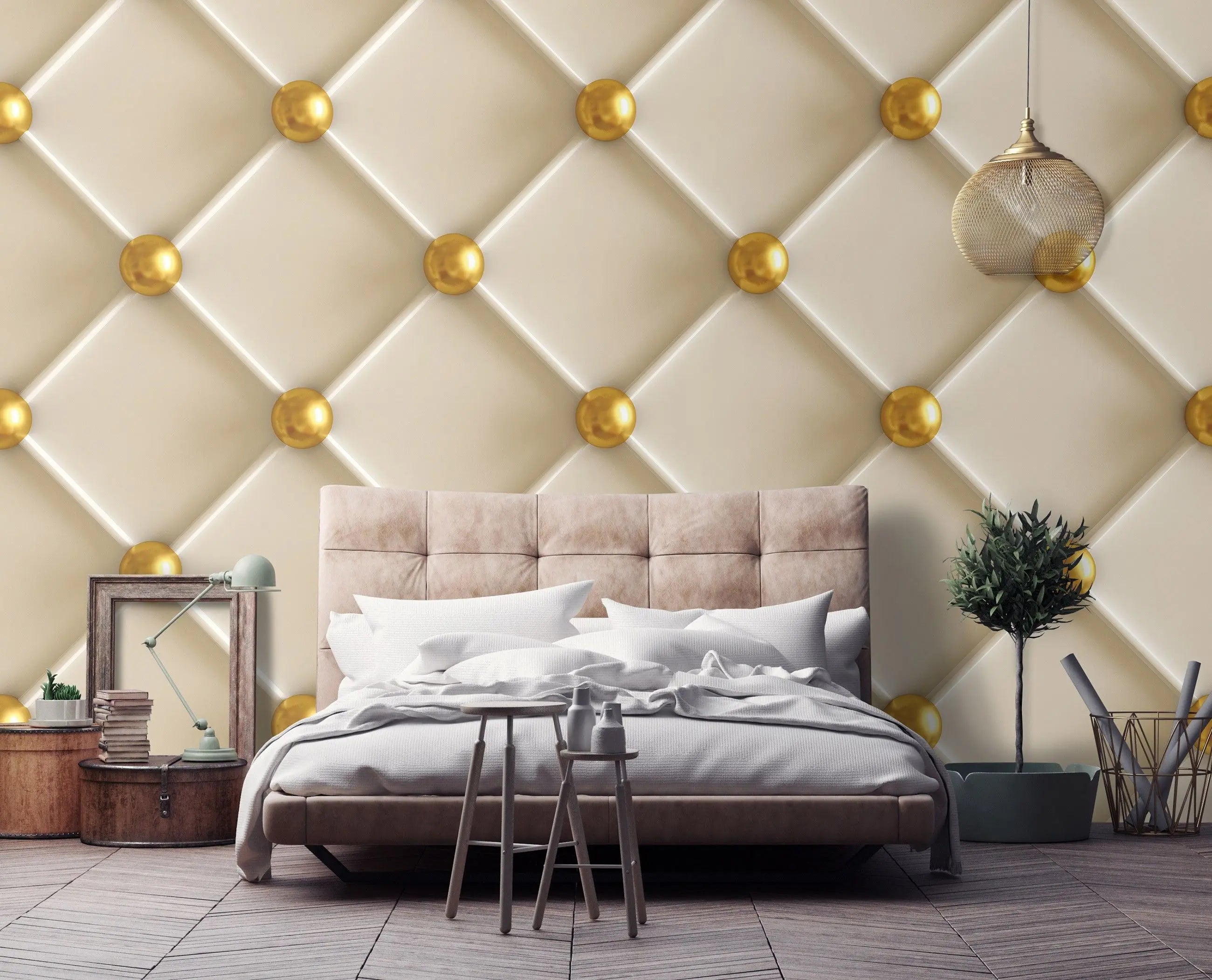 Billede 4 af Fototapet - Mønstret væg med beige polstring og gyldne knapper