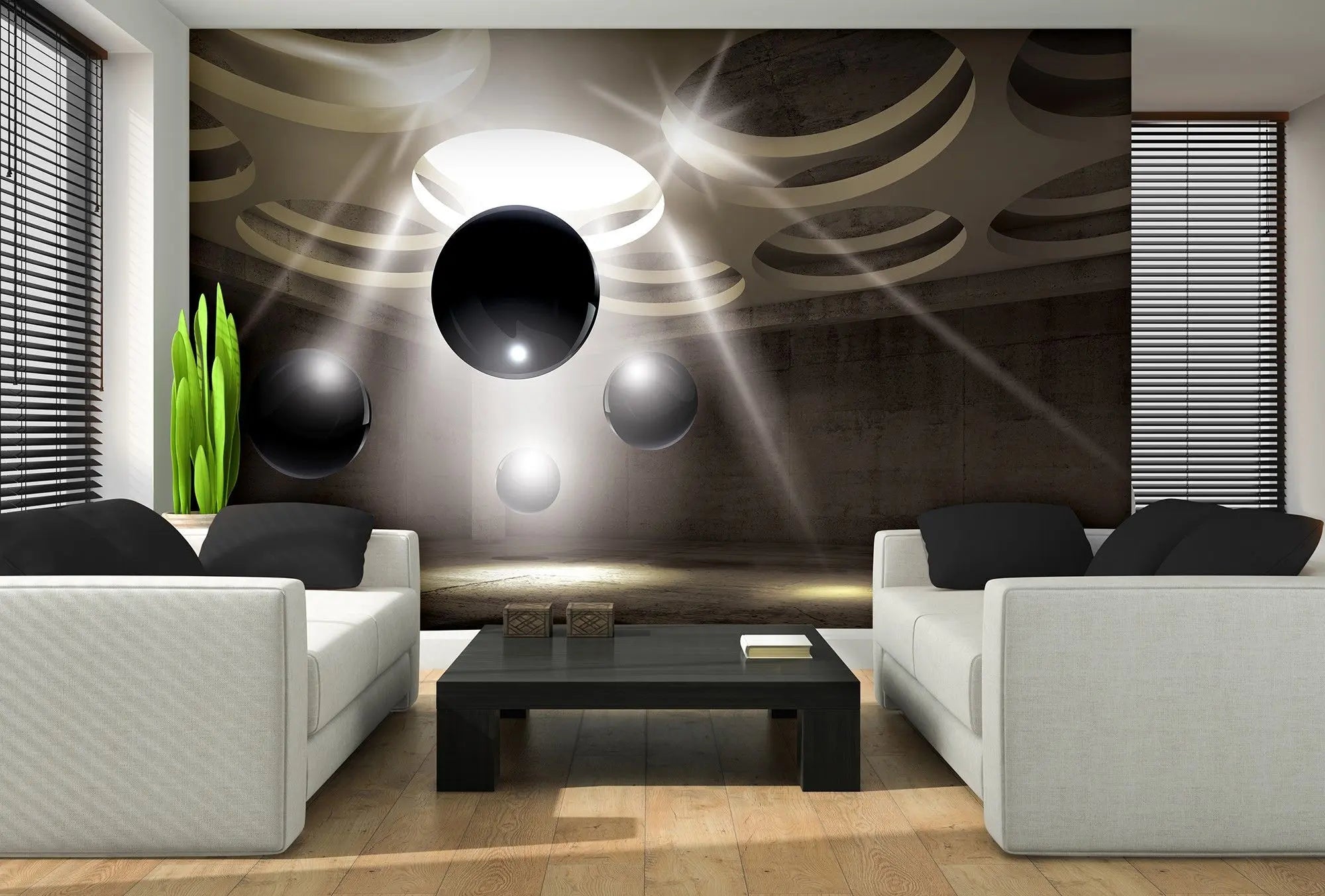 Billede 2 af Fototapet - Mørke glaskugler i betonrum med cirkulære lysåbninger