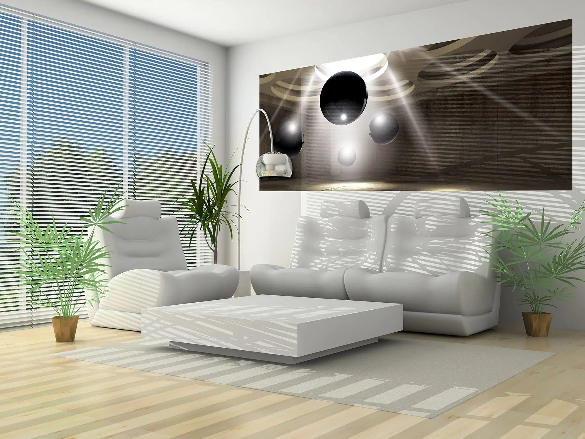 Billede 4 af Fototapet - Mørke glaskugler i betonrum med cirkulære lysåbninger