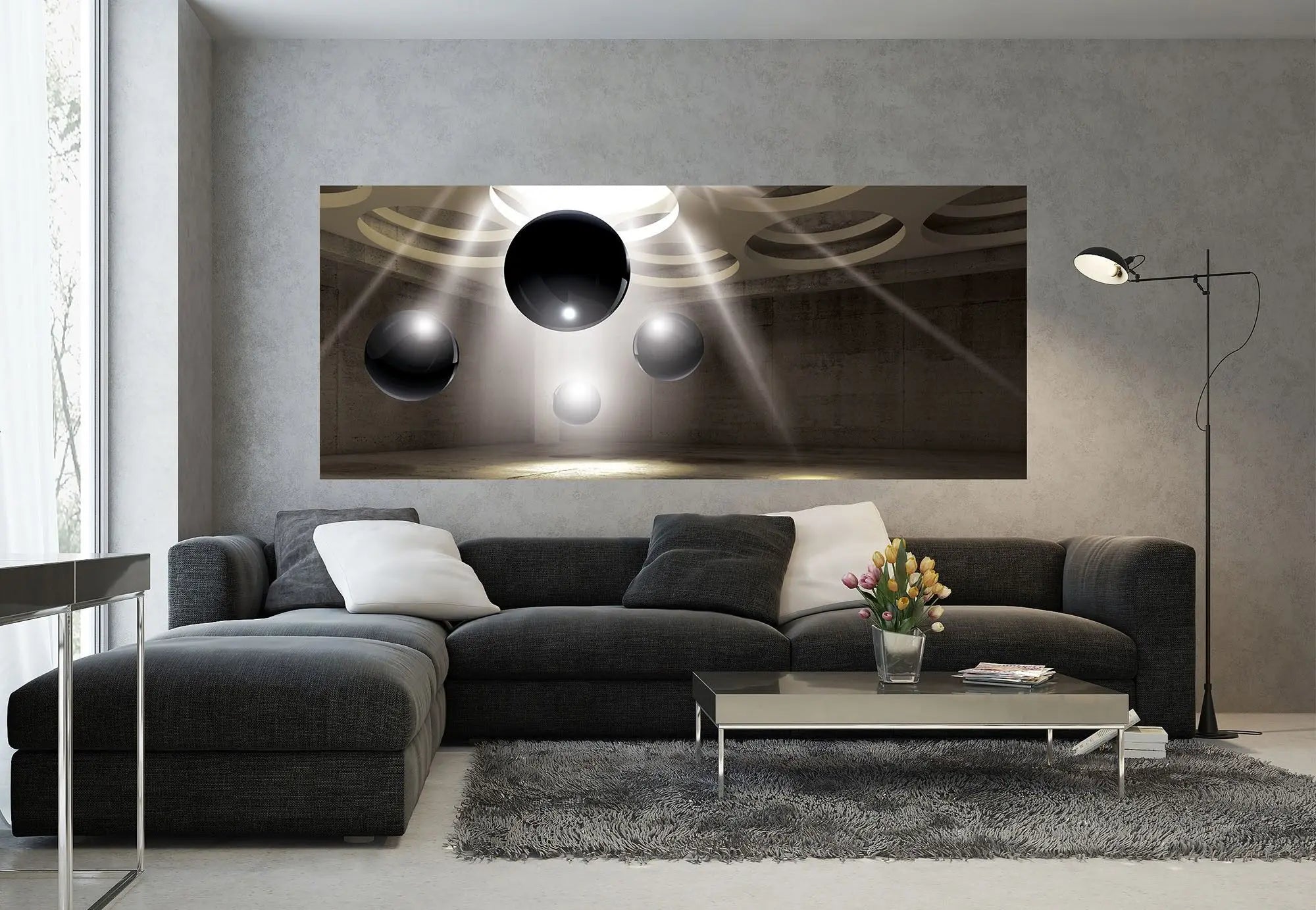 Billede 5 af Fototapet - Mørke glaskugler i betonrum med cirkulære lysåbninger