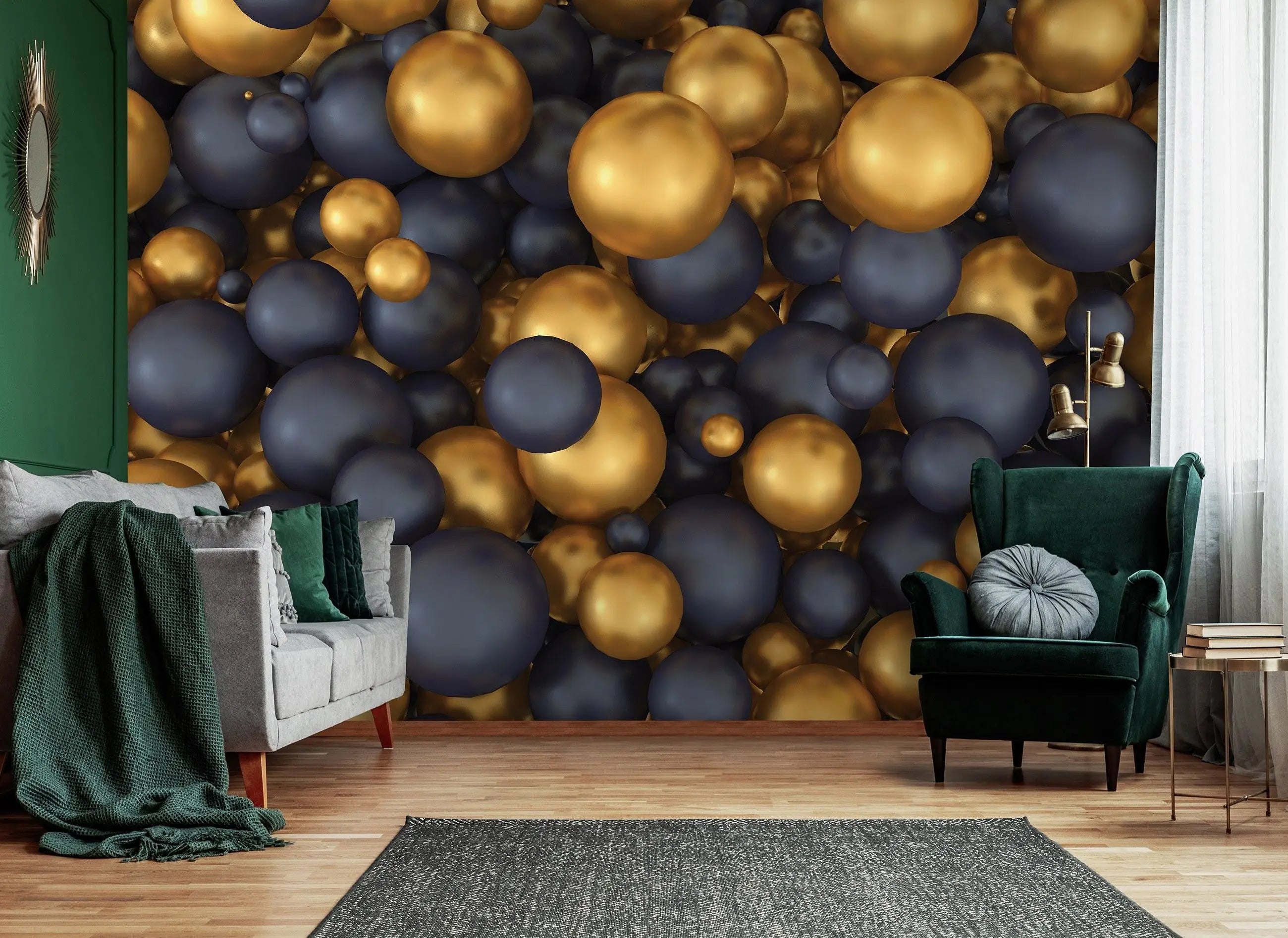 Billede 2 af Fototapet - Mørkeblå og gyldne kugler i tæt arrangement