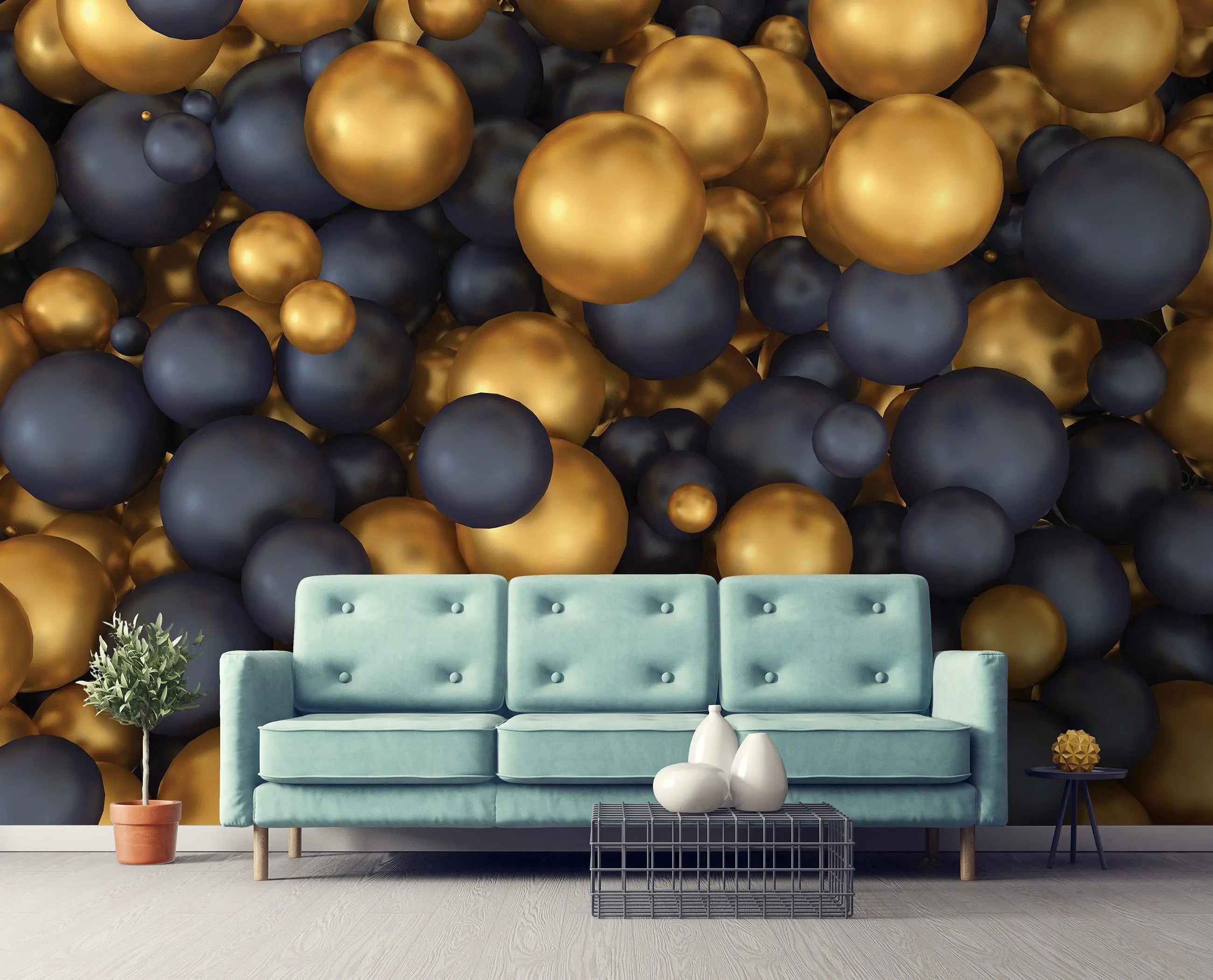 Billede 4 af Fototapet - Mørkeblå og gyldne kugler i tæt arrangement