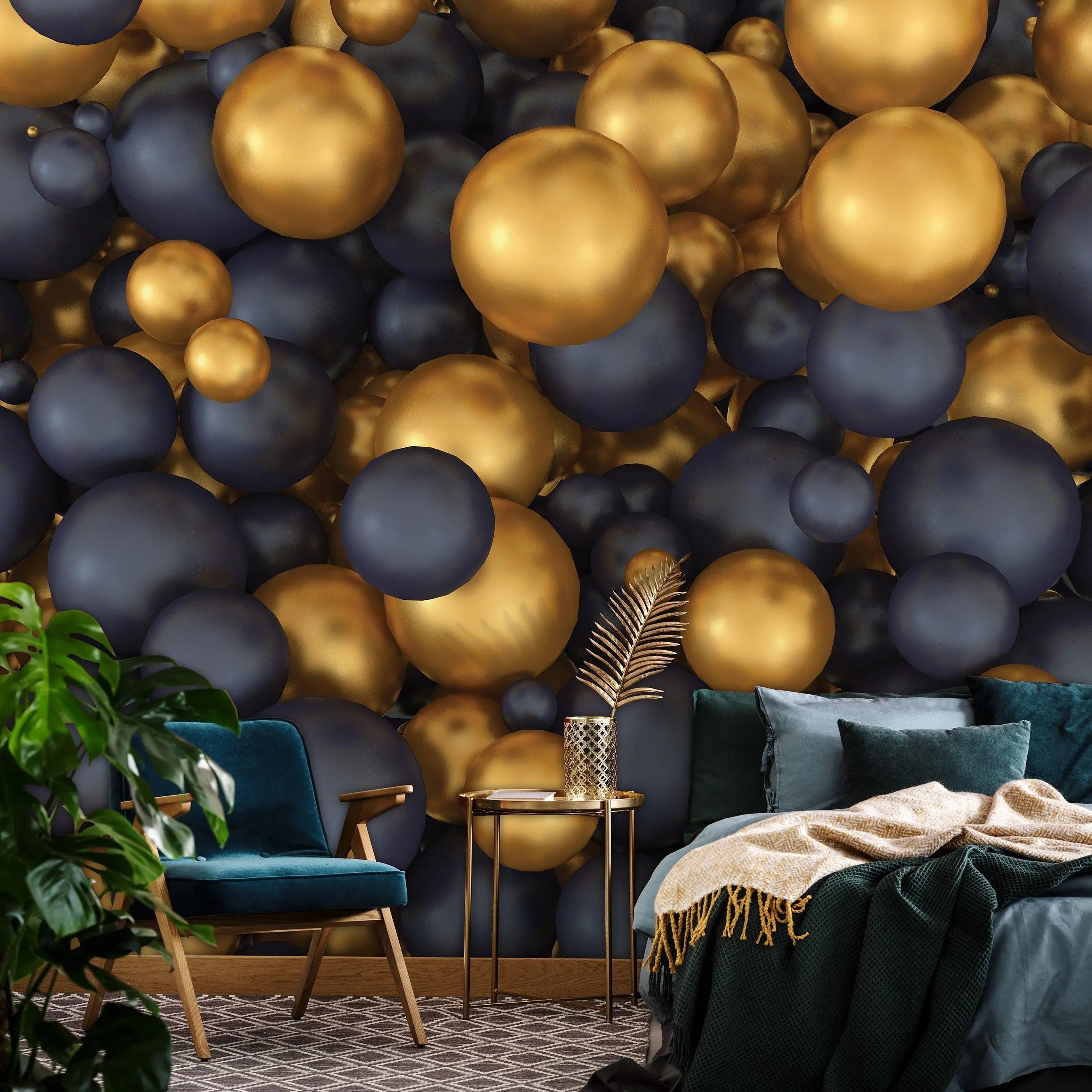 Billede 5 af Fototapet - Mørkeblå og gyldne kugler i tæt arrangement