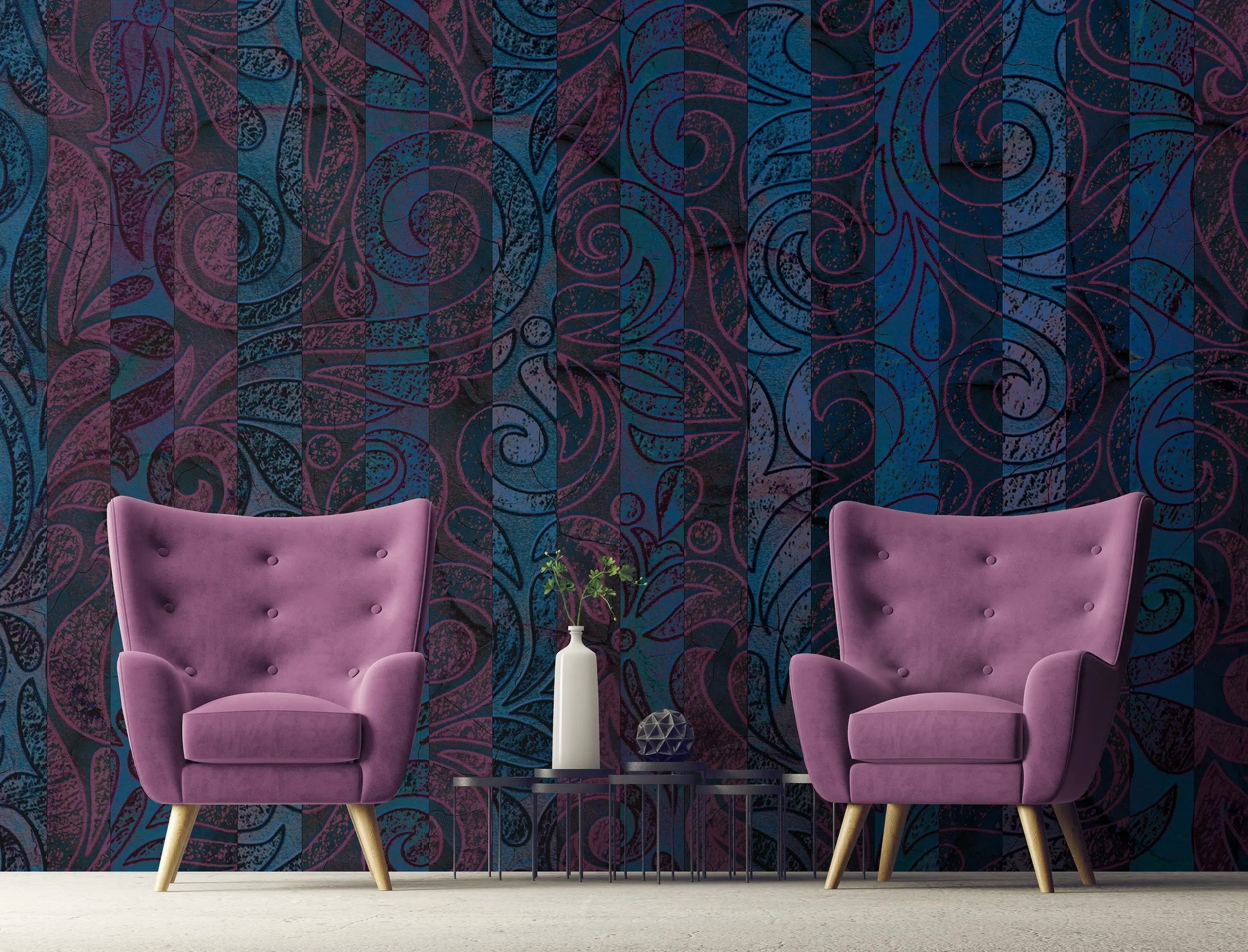 Billede 10 af Fototapet - Mørkeblåt og magentafarvet mønster med snirkler