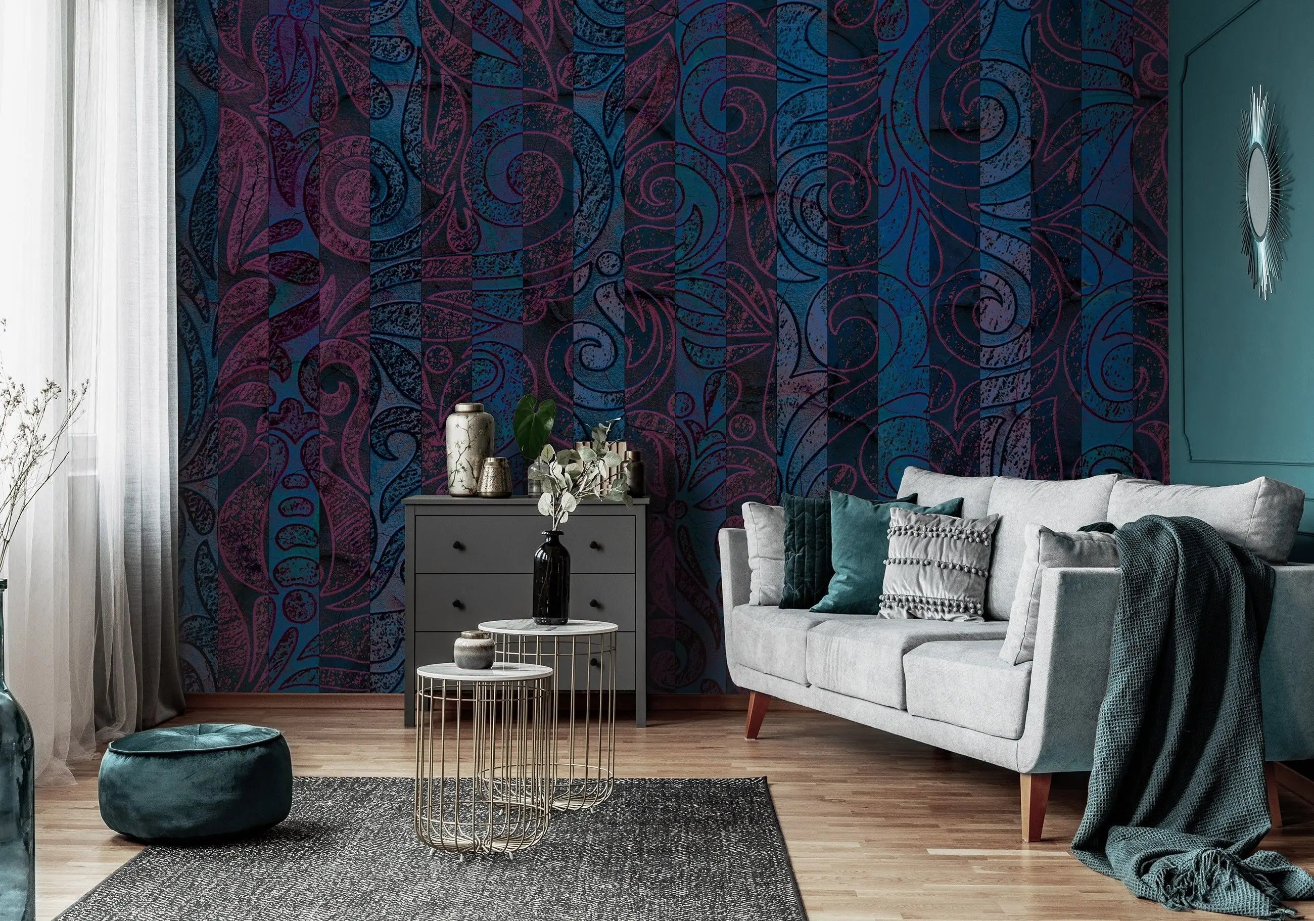 Billede 12 af Fototapet - Mørkeblåt og magentafarvet mønster med snirkler