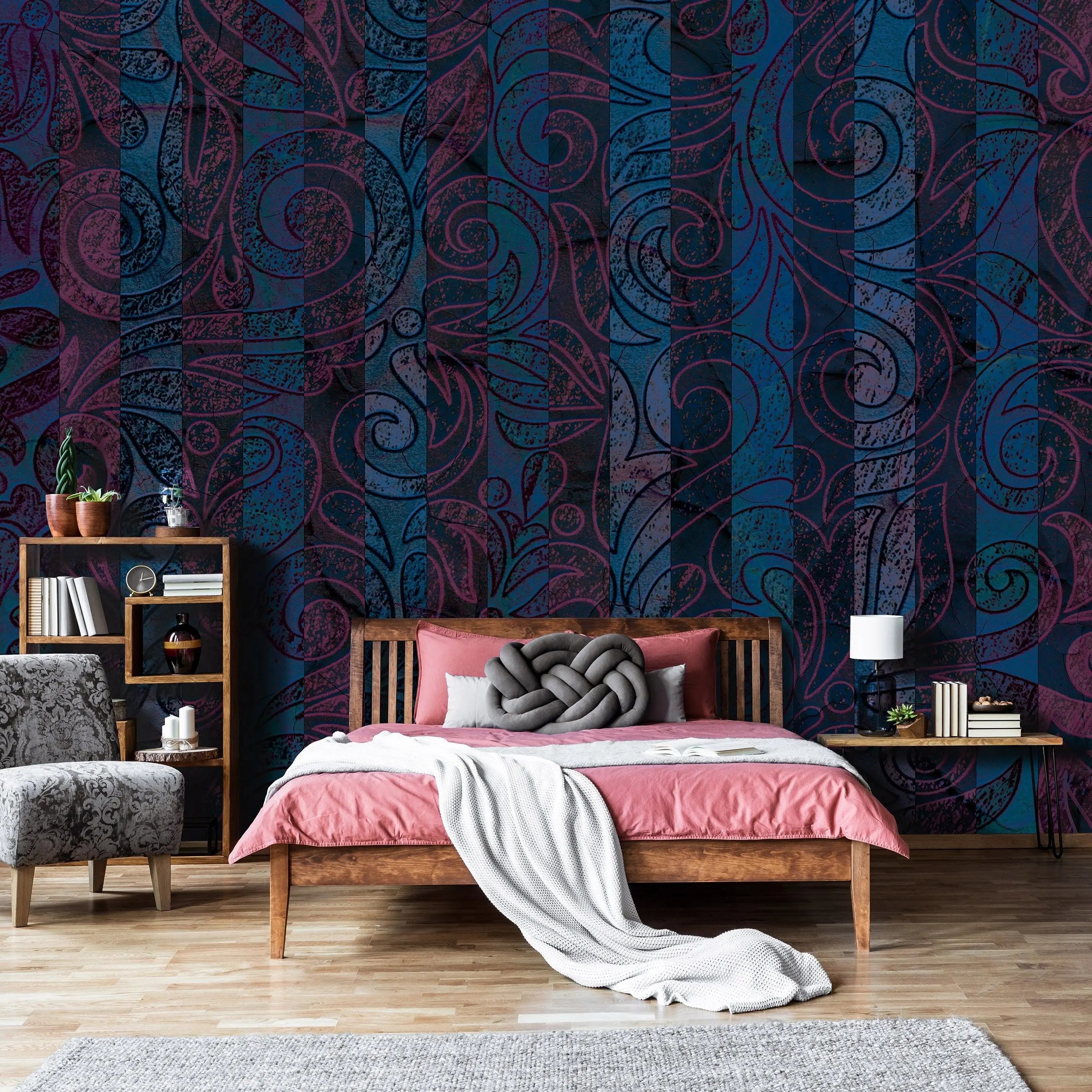 Billede 13 af Fototapet - Mørkeblåt og magentafarvet mønster med snirkler