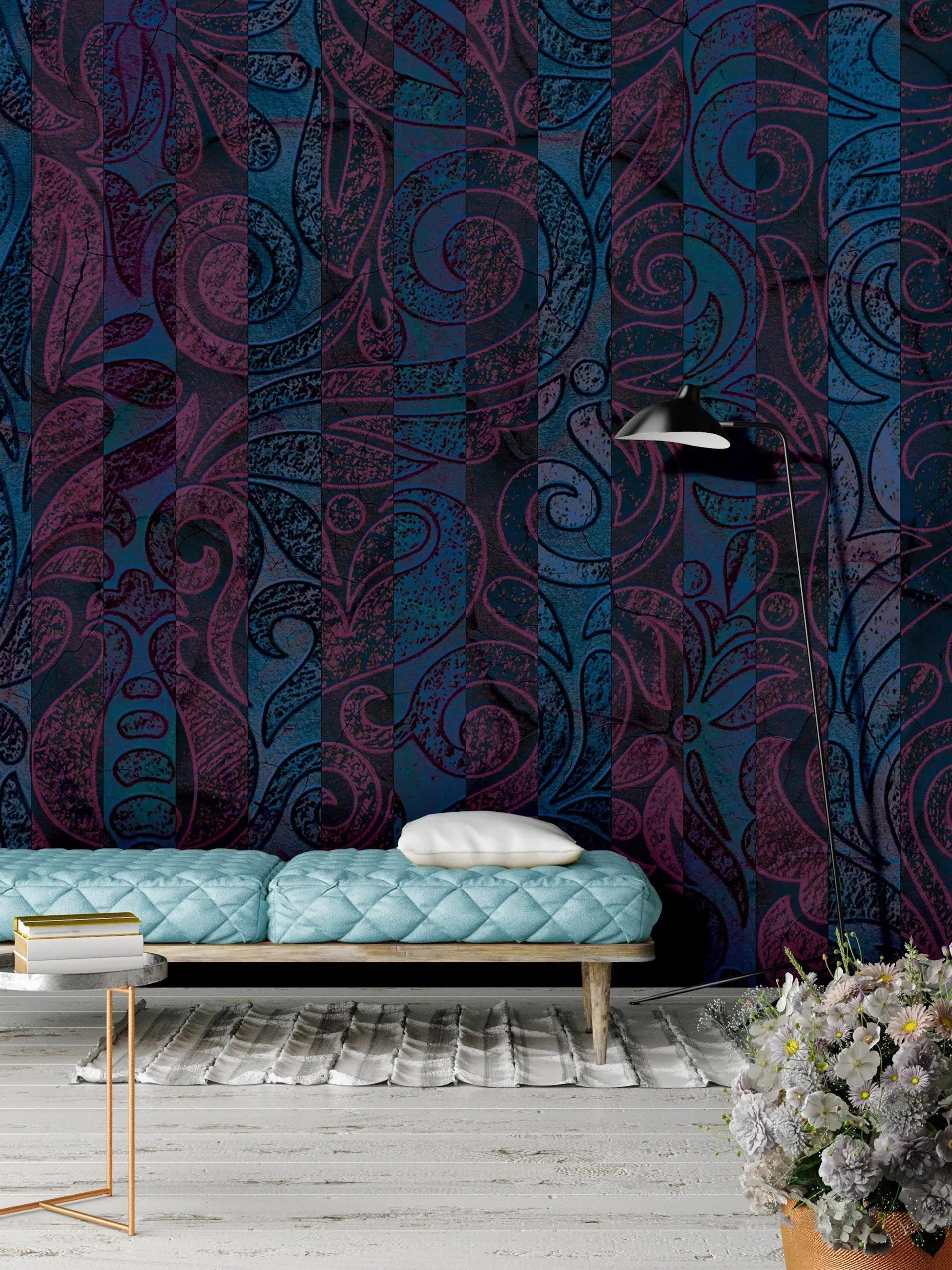 Billede 14 af Fototapet - Mørkeblåt og magentafarvet mønster med snirkler