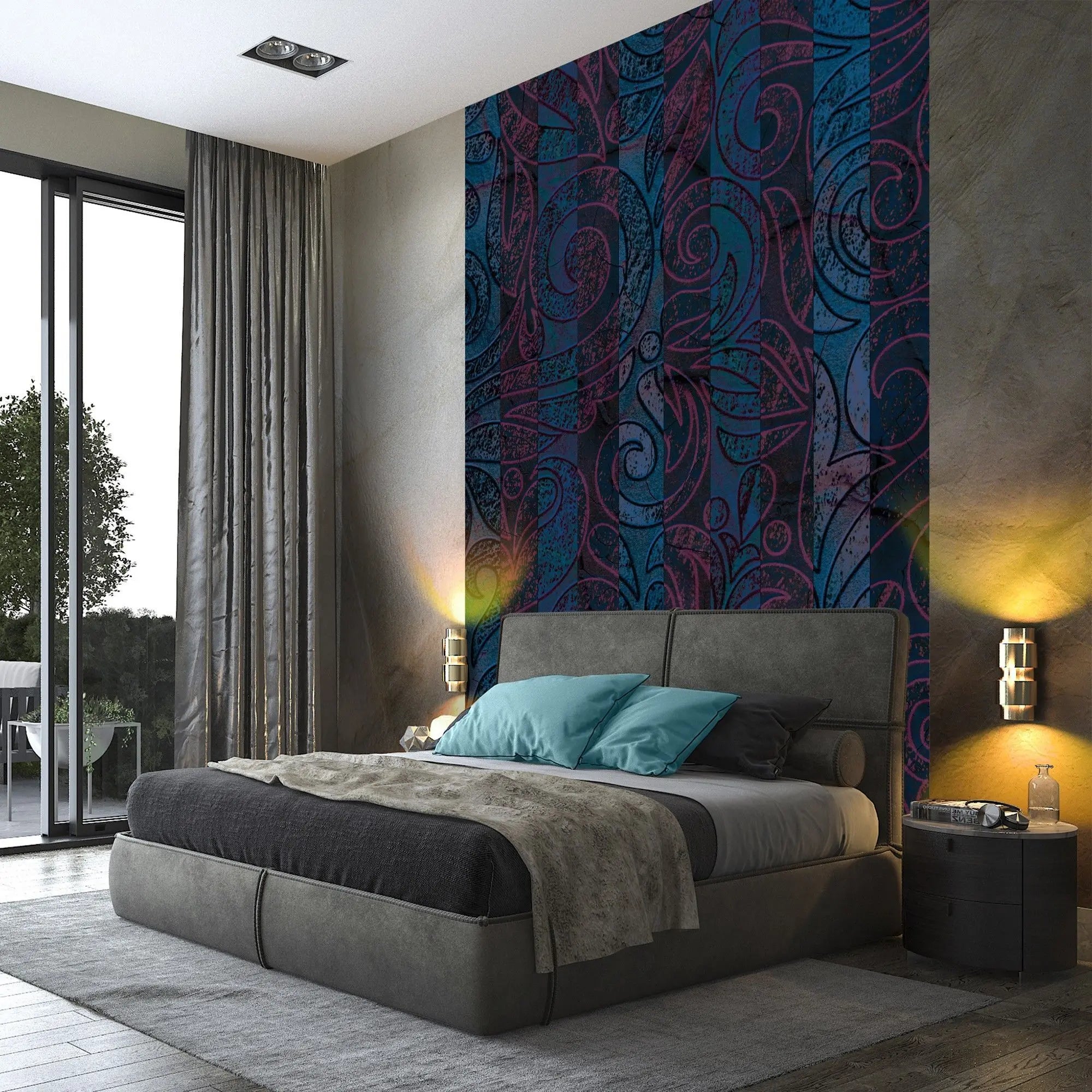 Billede 17 af Fototapet - Mørkeblåt og magentafarvet mønster med snirkler