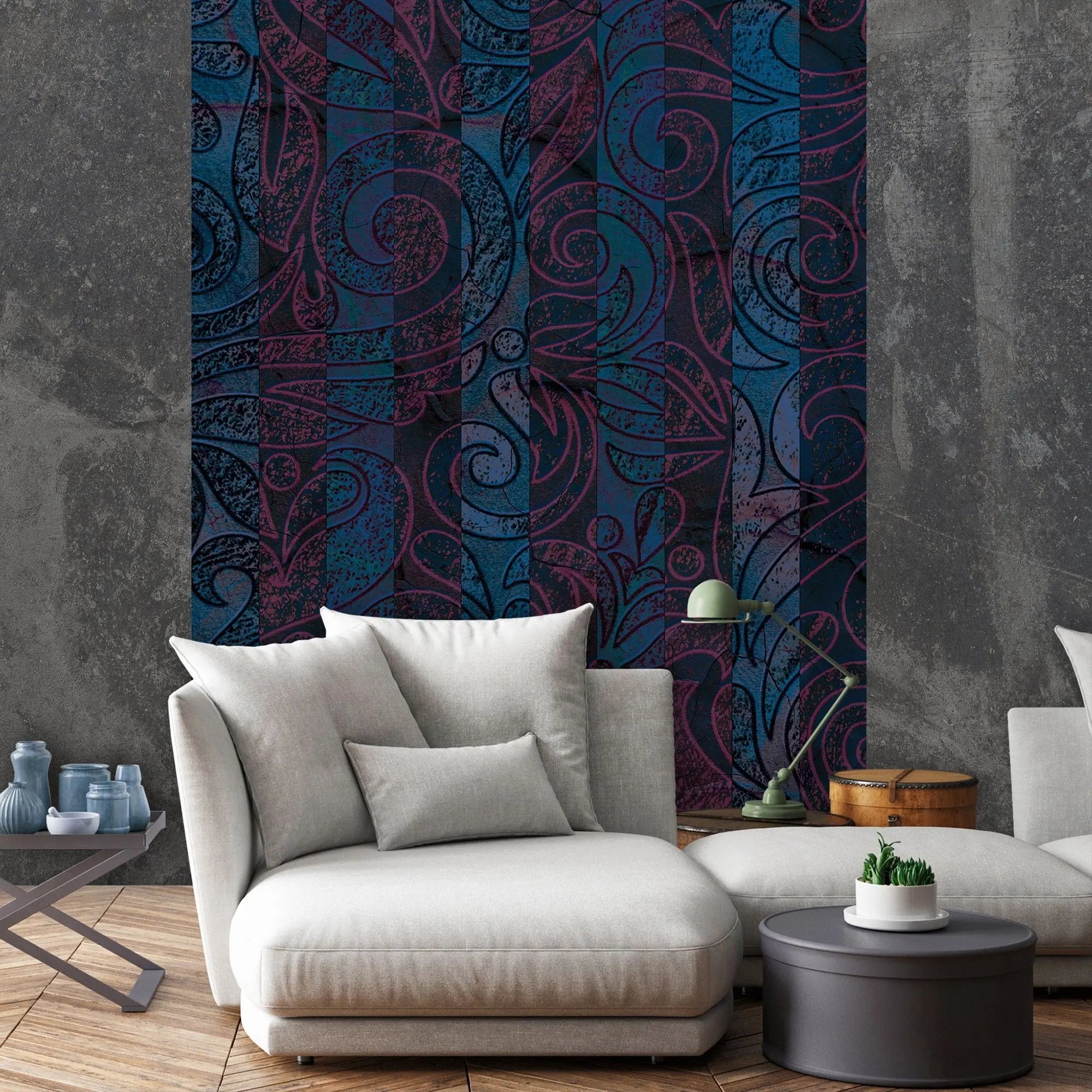 Billede 18 af Fototapet - Mørkeblåt og magentafarvet mønster med snirkler