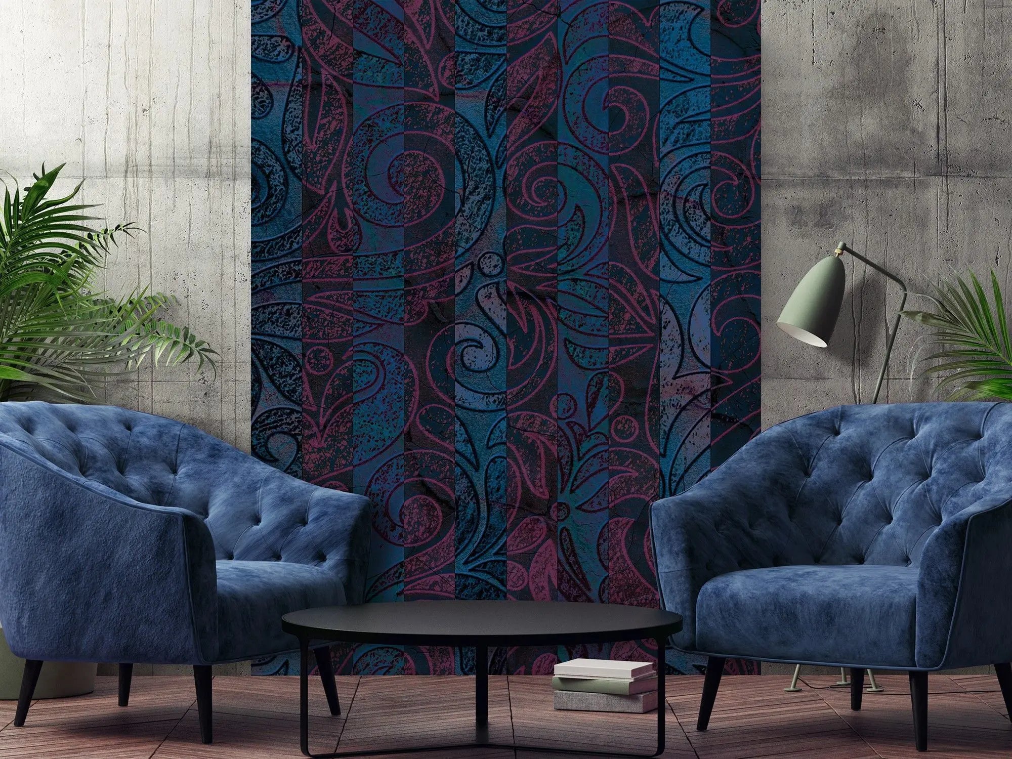 Billede 19 af Fototapet - Mørkeblåt og magentafarvet mønster med snirkler