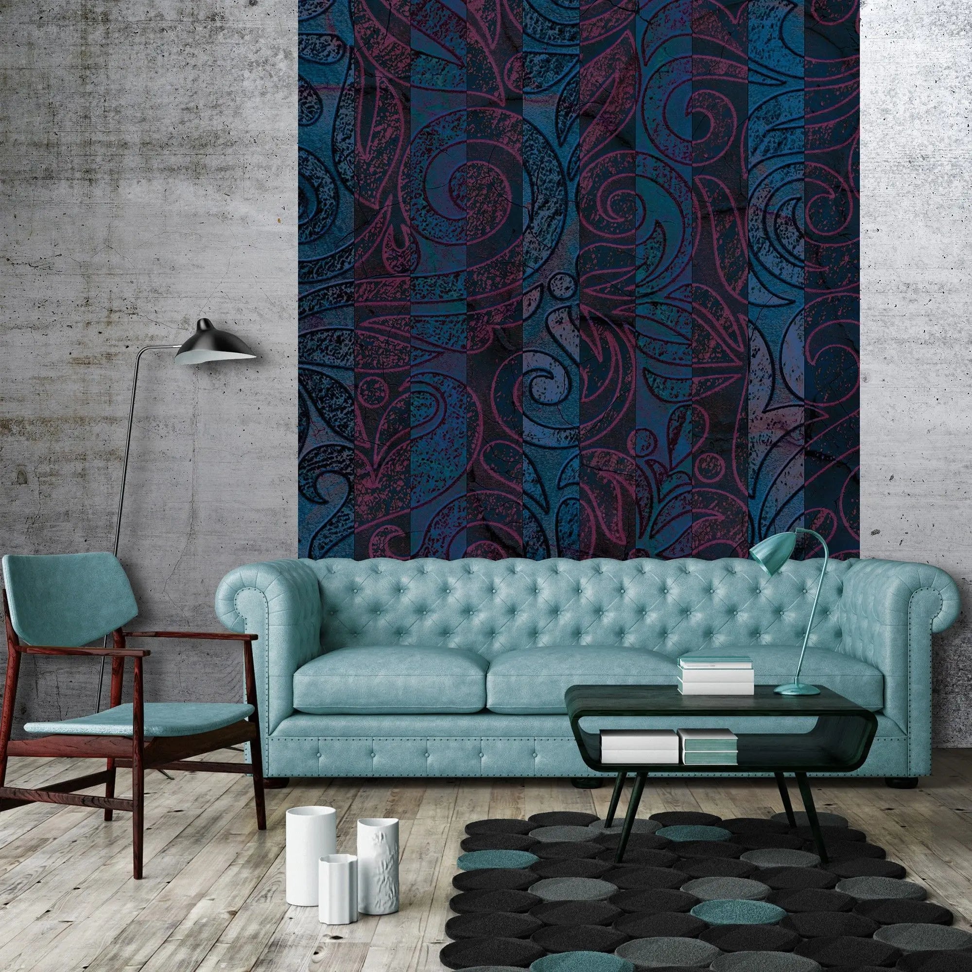 Billede 20 af Fototapet - Mørkeblåt og magentafarvet mønster med snirkler