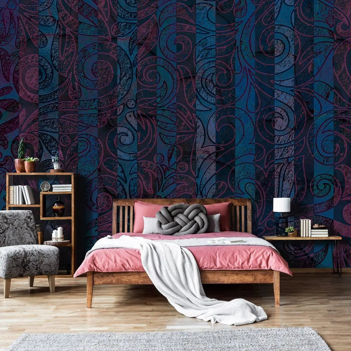 Billede 5 af Fototapet - Mørkeblåt og magentafarvet mønster med snirkler