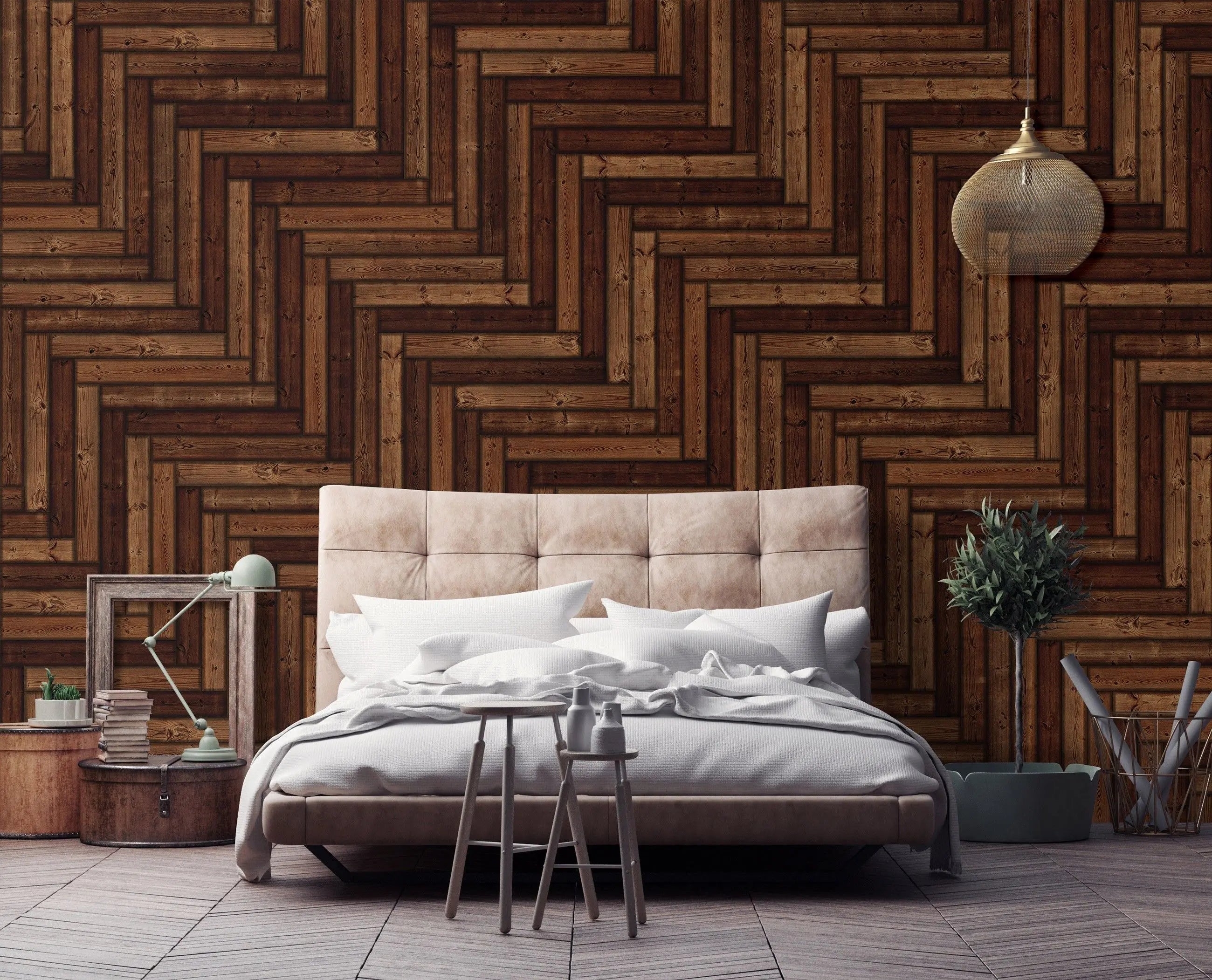 Billede 3 af Fototapet - Mørkt træmønster i sildebensform