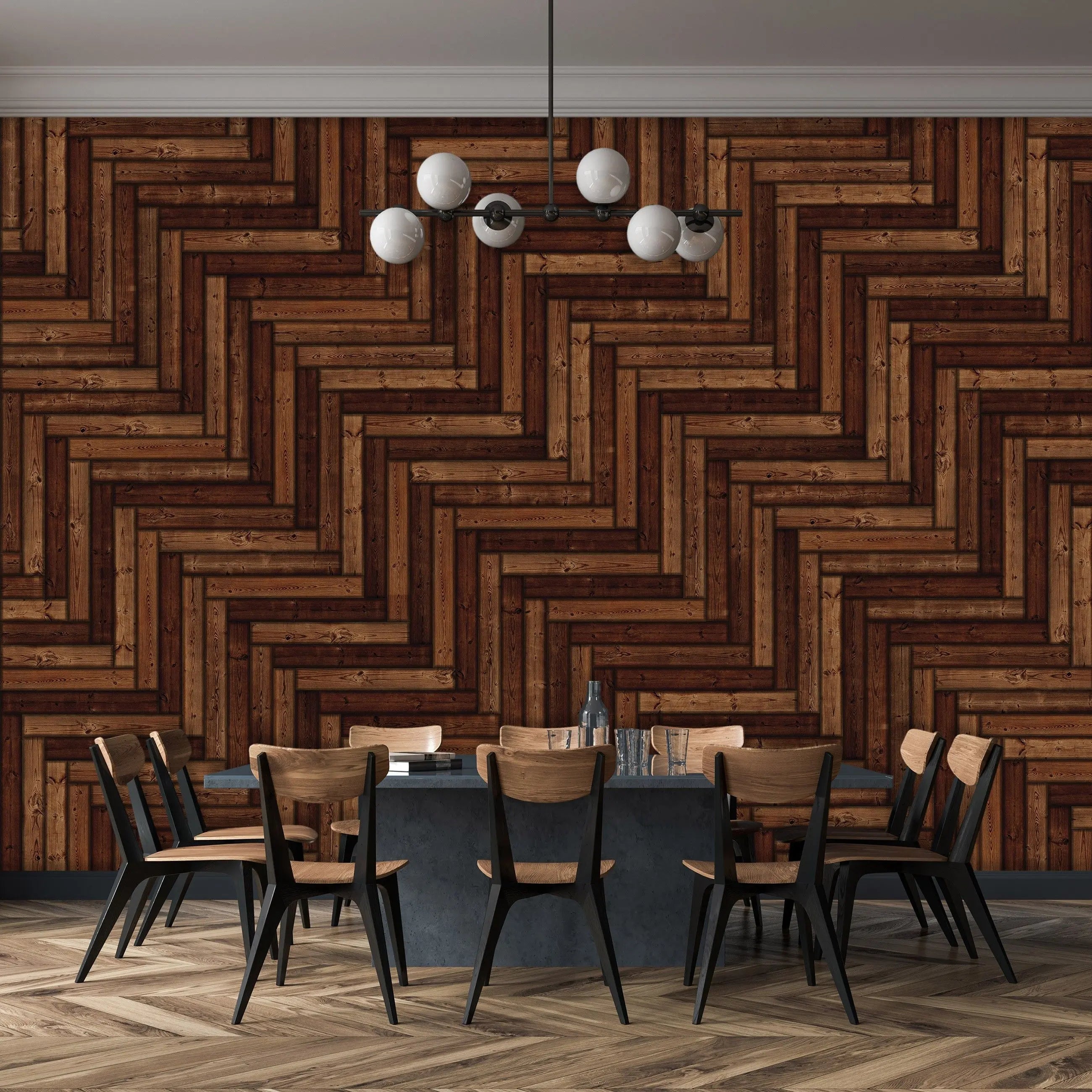 Billede 6 af Fototapet - Mørkt træmønster i sildebensform