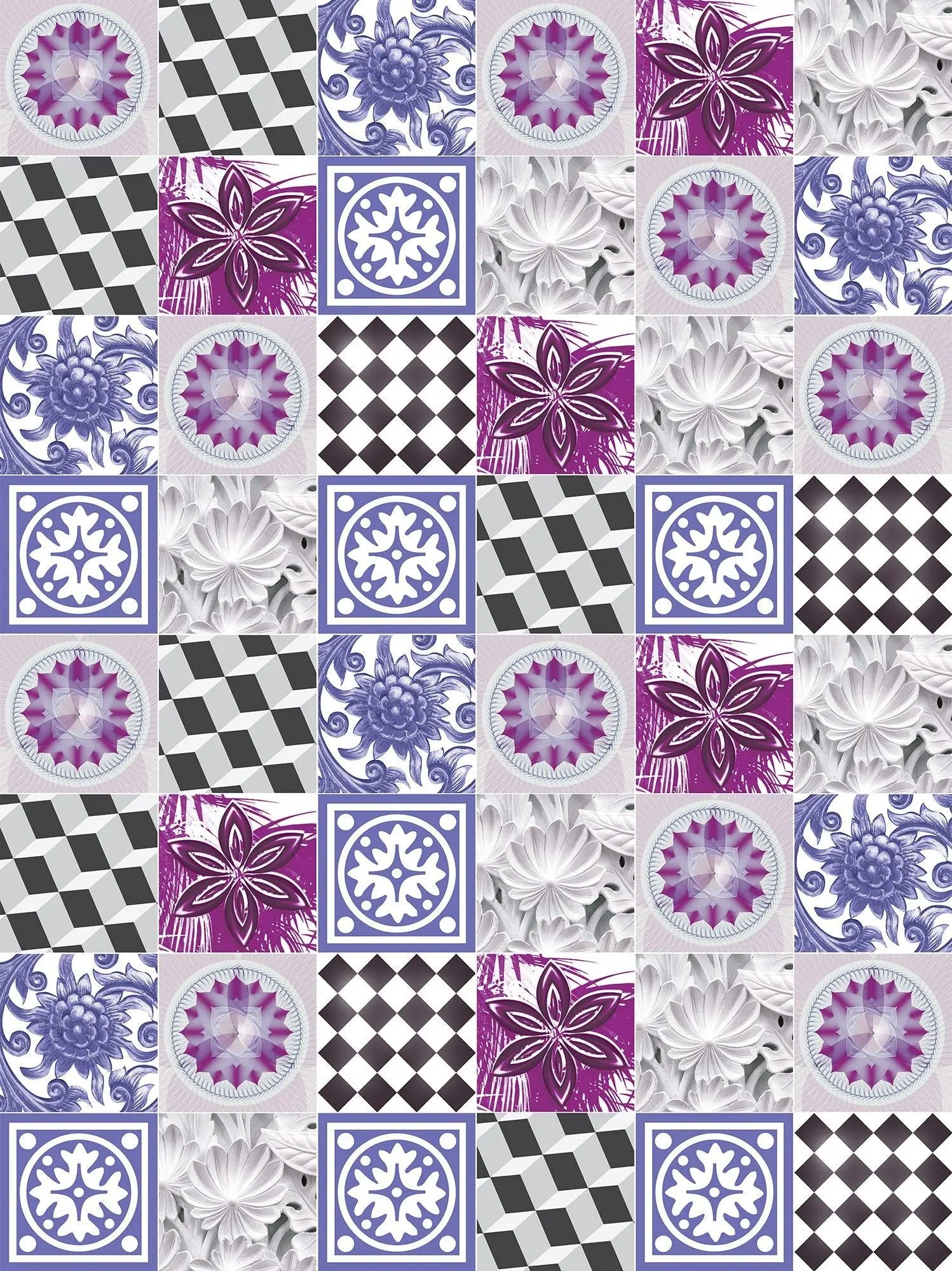 Billede 16 af Fototapet - Mosaik af skaktern, blomster og blåmønstrede fliser