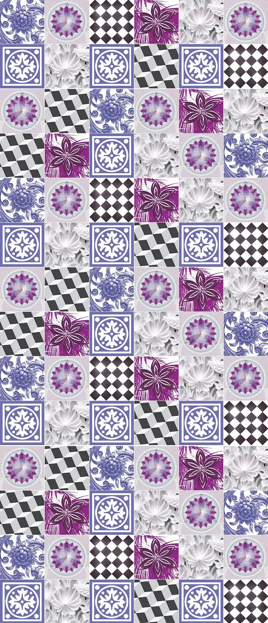 Billede 9 af Fototapet - Mosaik af skaktern, blomster og blåmønstrede fliser