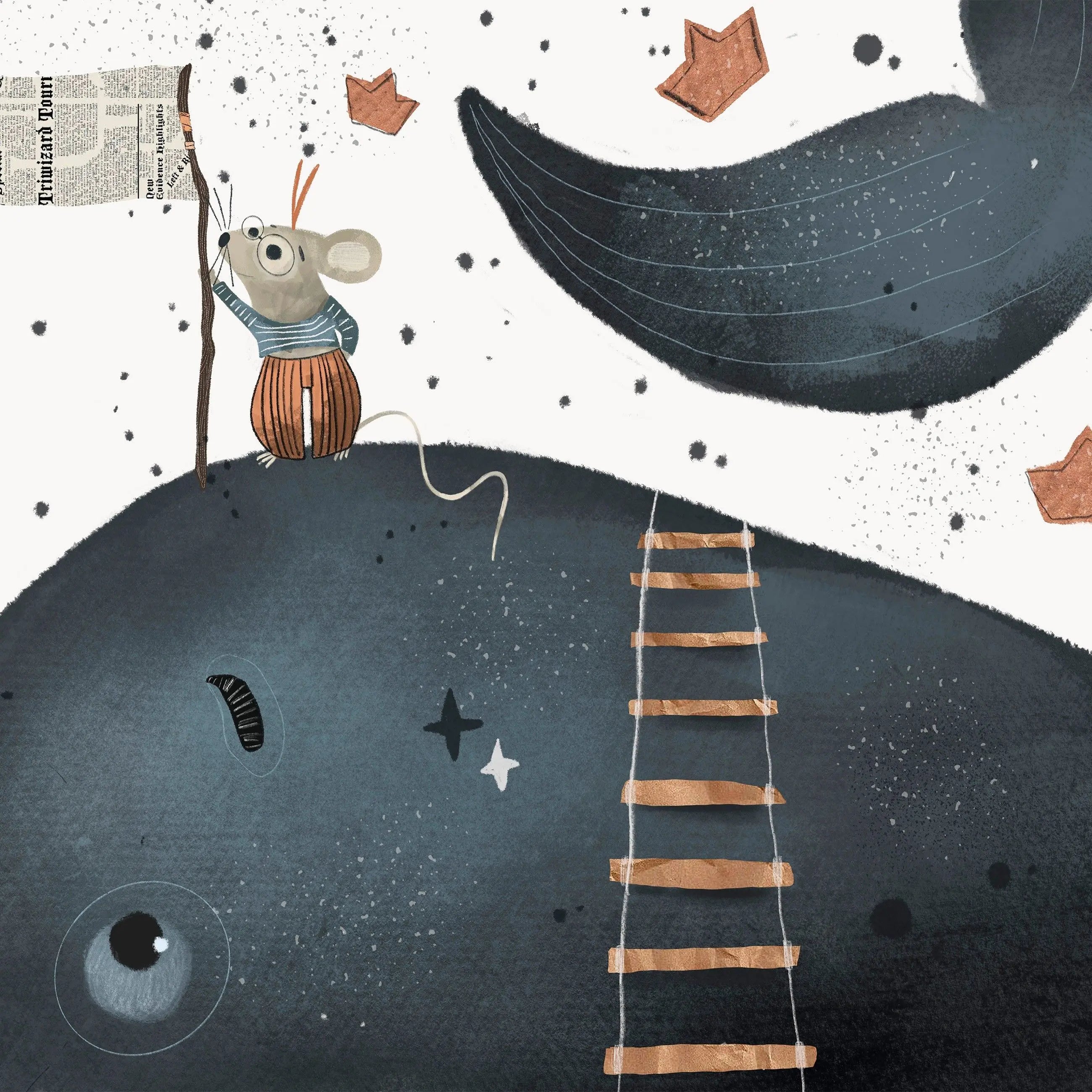 Billede 2 af Fototapet - Mus på blåhvals ryg med papirflag og trappestige