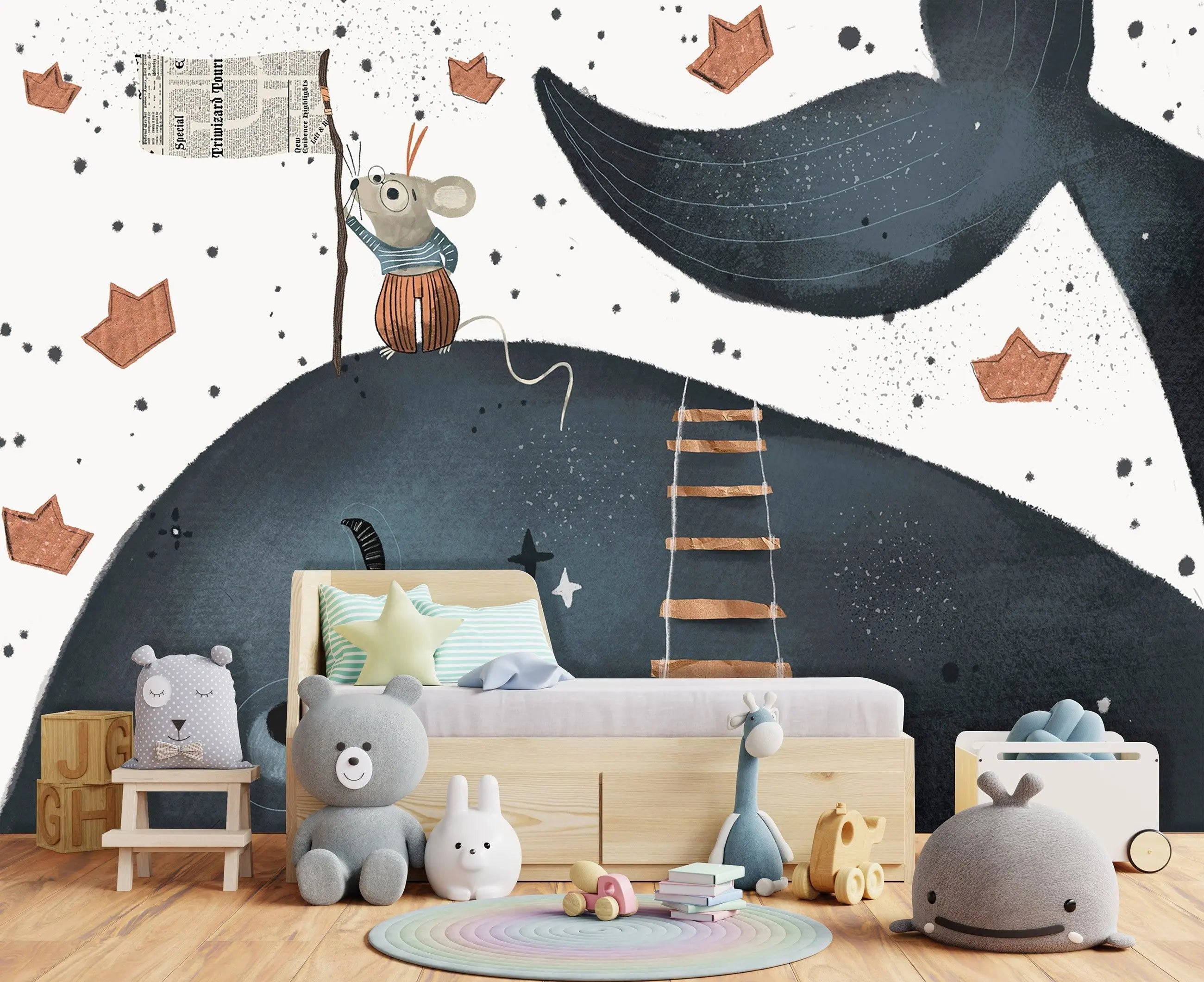 Billede 3 af Fototapet - Mus på blåhvals ryg med papirflag og trappestige