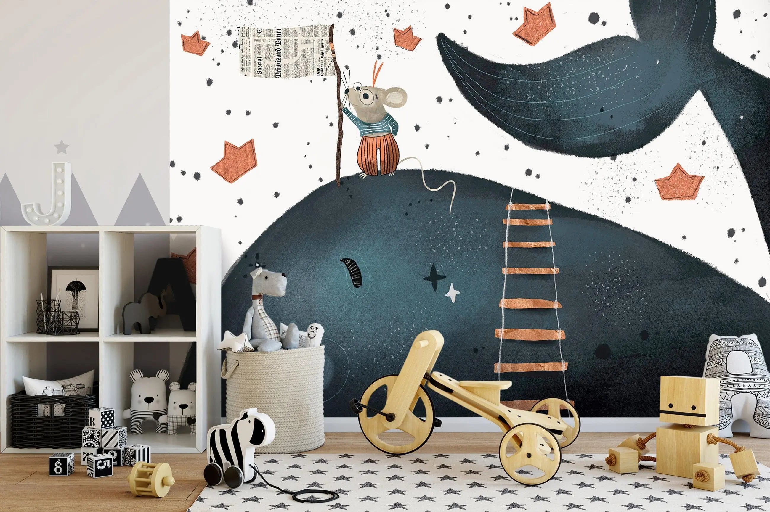 Billede 4 af Fototapet - Mus på blåhvals ryg med papirflag og trappestige