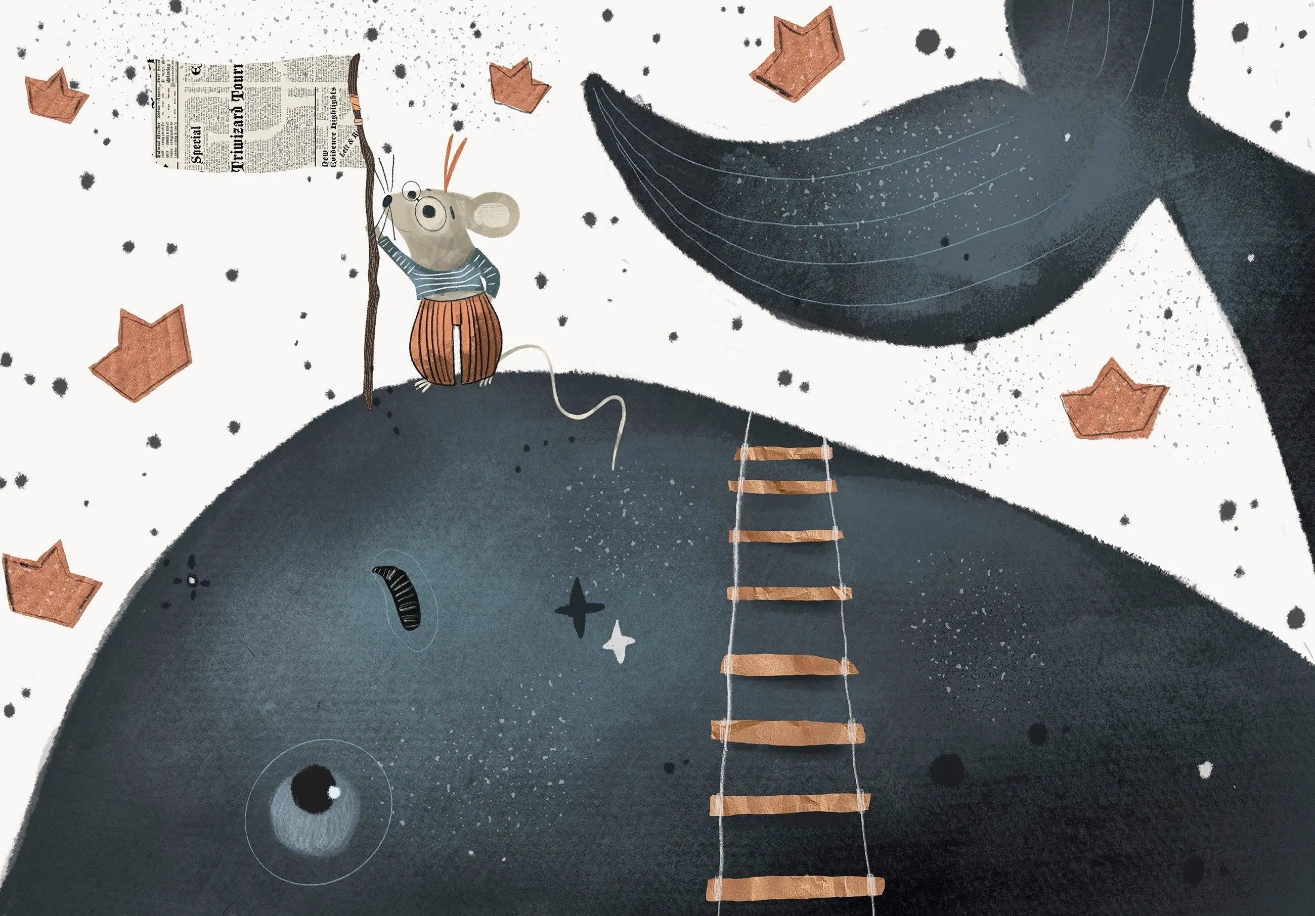 Billede 7 af Fototapet - Mus på blåhvals ryg med papirflag og trappestige