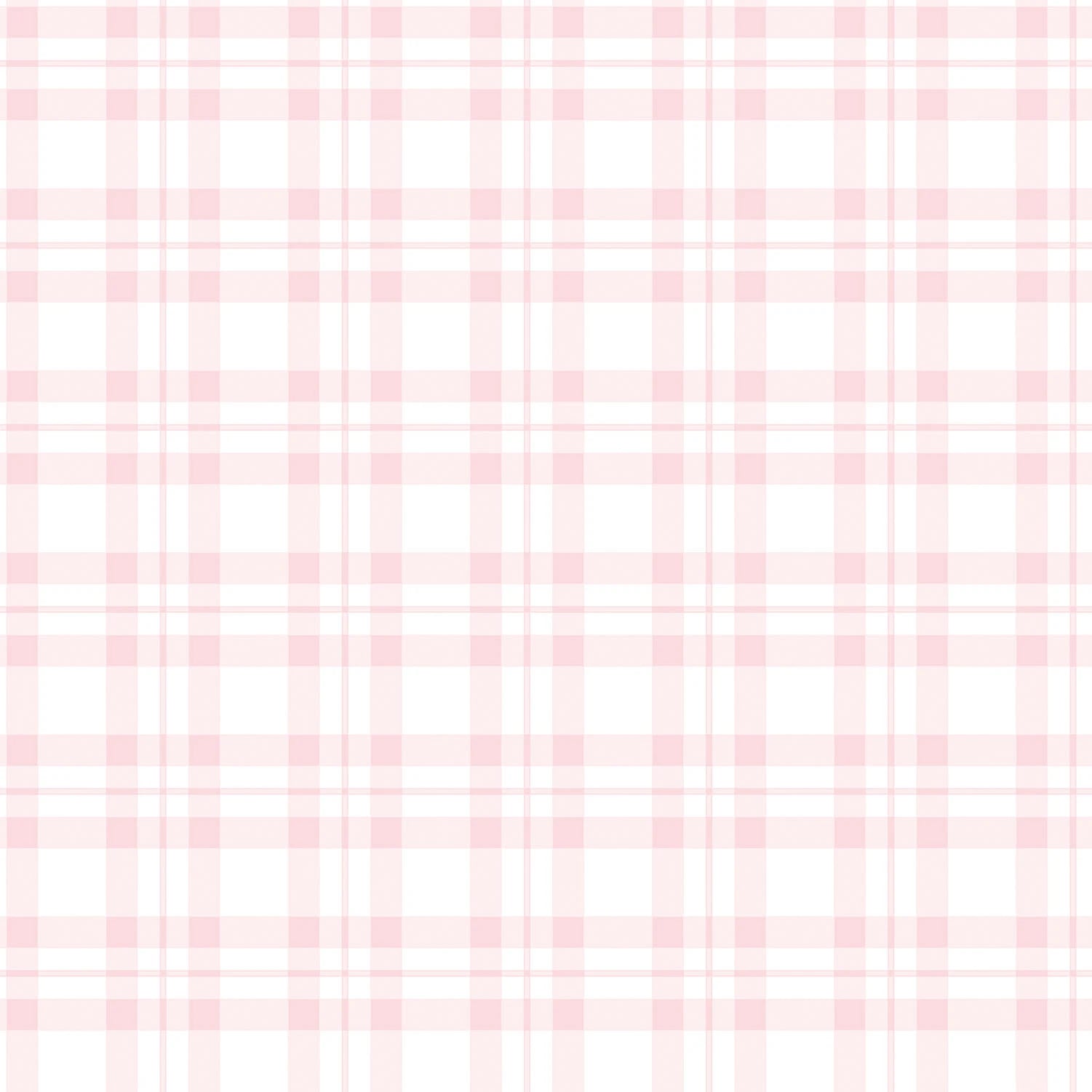 Nærbillede af det lyserøde og hvide ternede mønster på Plaid Playtime - Cotton Candy tapet. En charmerende, blød farvepalet.