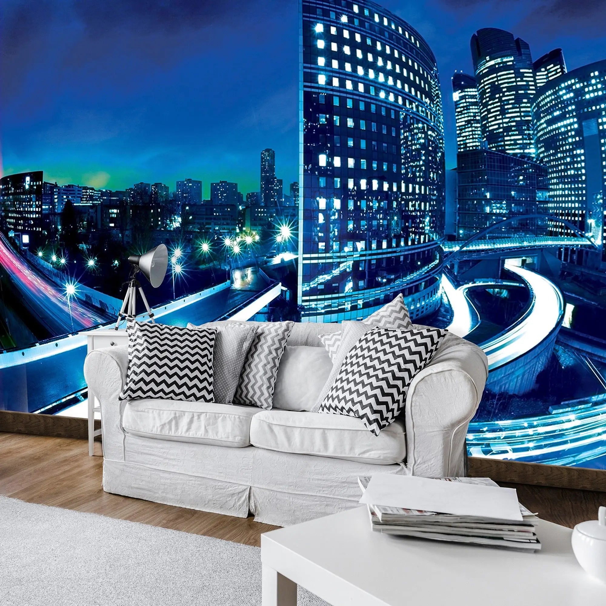 Billede 3 af Fototapet - Natbillede af moderne by med skyskrabere og oplyste motorveje