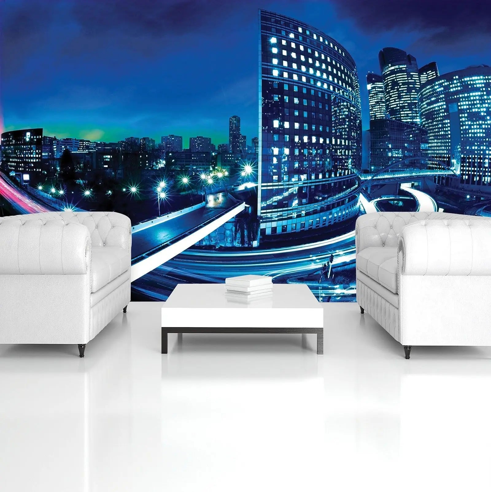 Billede 6 af Fototapet - Natbillede af moderne by med skyskrabere og oplyste motorveje