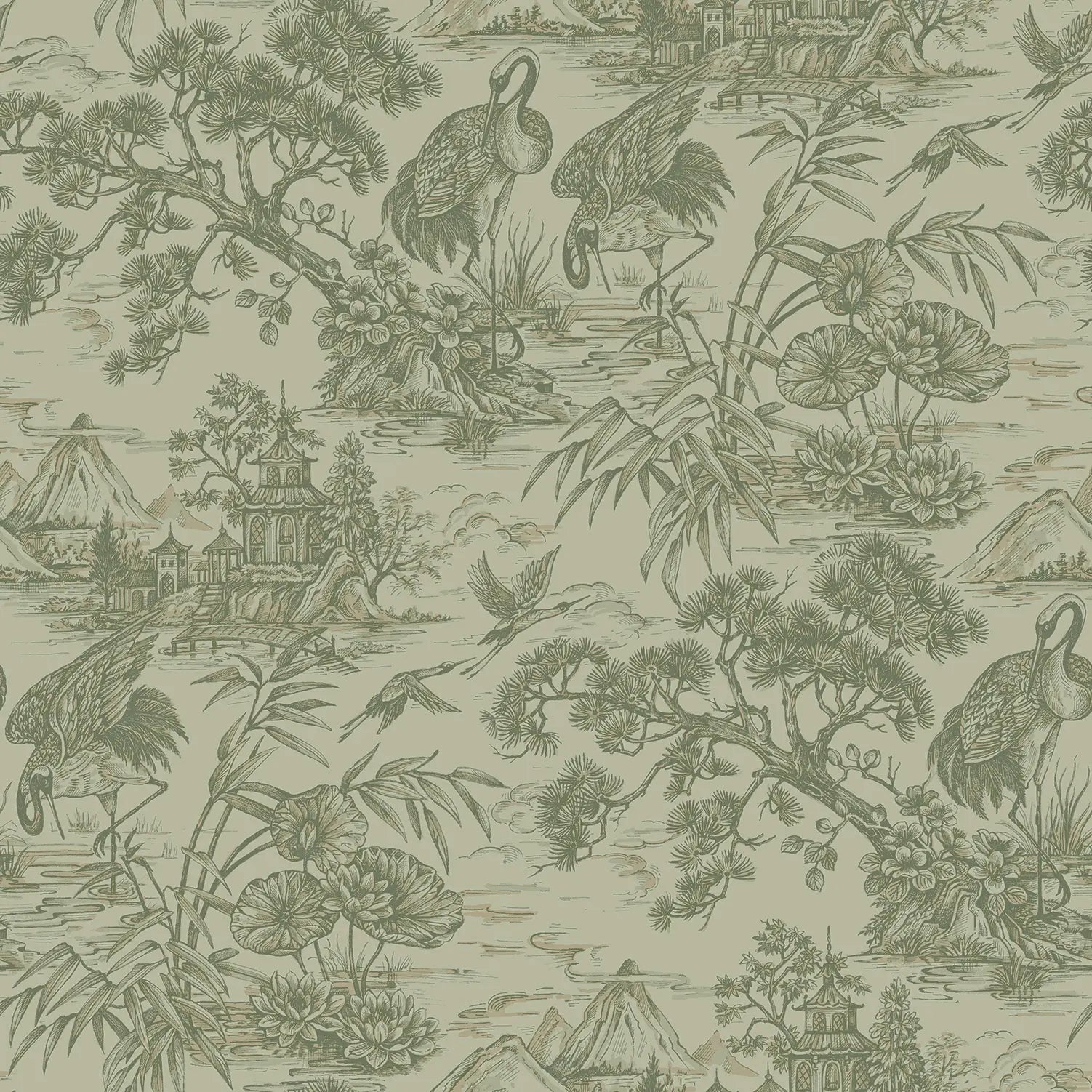Detaljeret billede af Natoru - Sage tapet, der viser fugle, træer og pagoder i et naturligt landskabsdesign.
