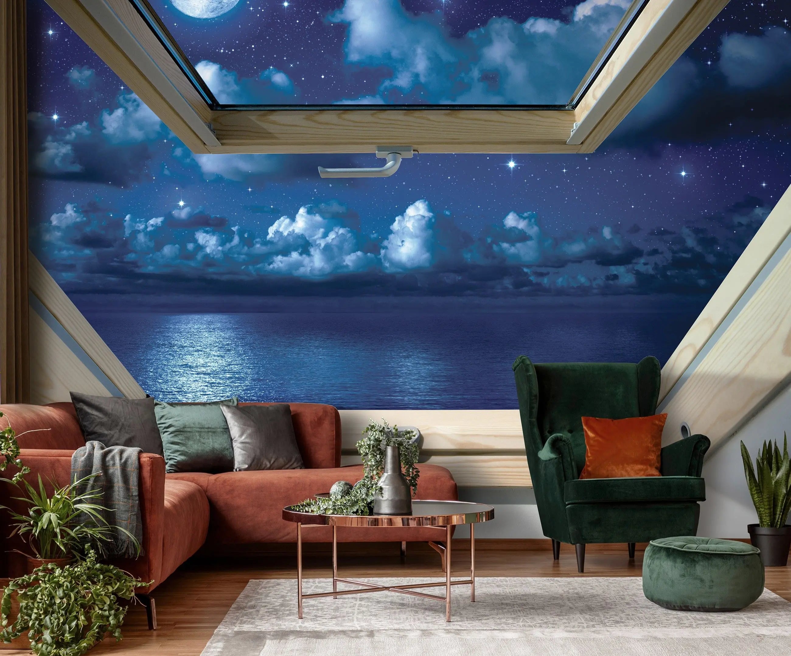 Billede 3 af Fototapet - Nattehimmel med stjerner og havudsigt gennem VELUX-vindue