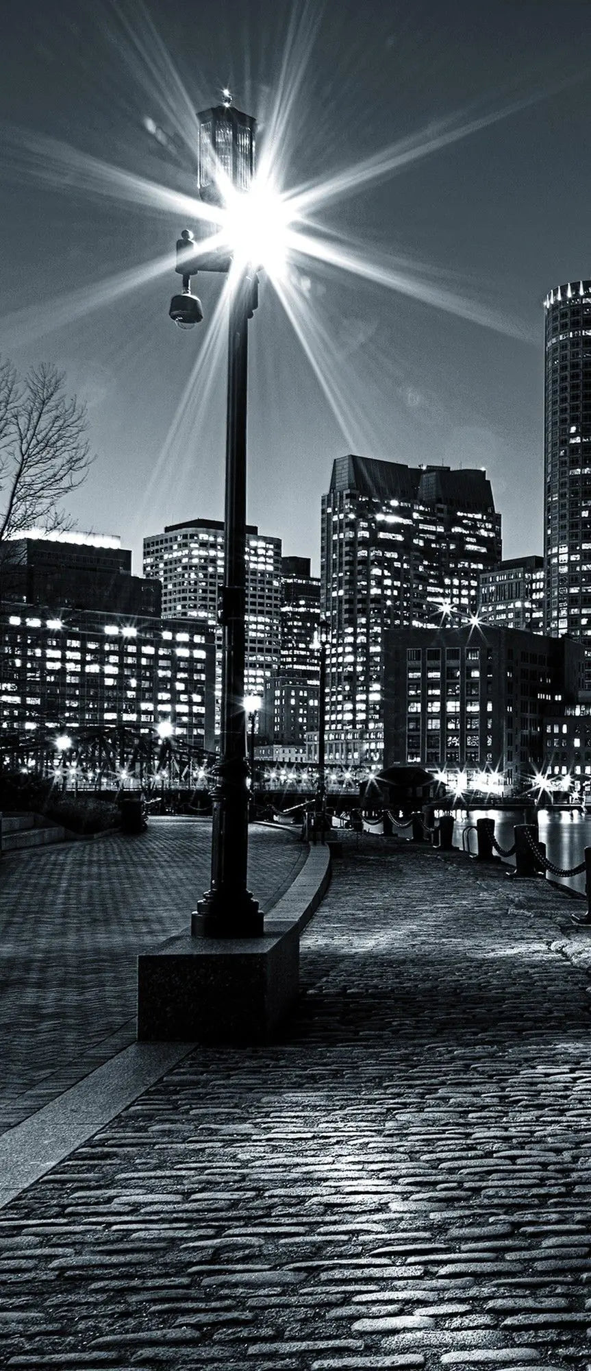 Billede 10 af Fototapet - Natteminimering over Boston skyline med oplyst gadelampe