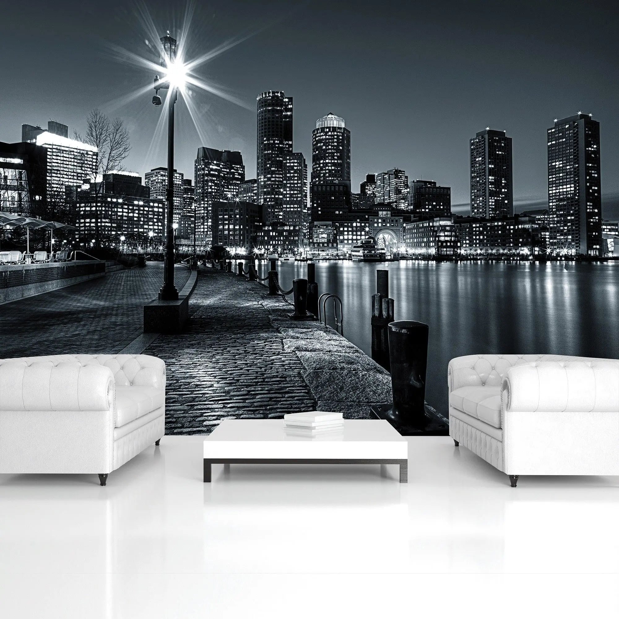 Billede 4 af Fototapet - Natteminimering over Boston skyline med oplyst gadelampe