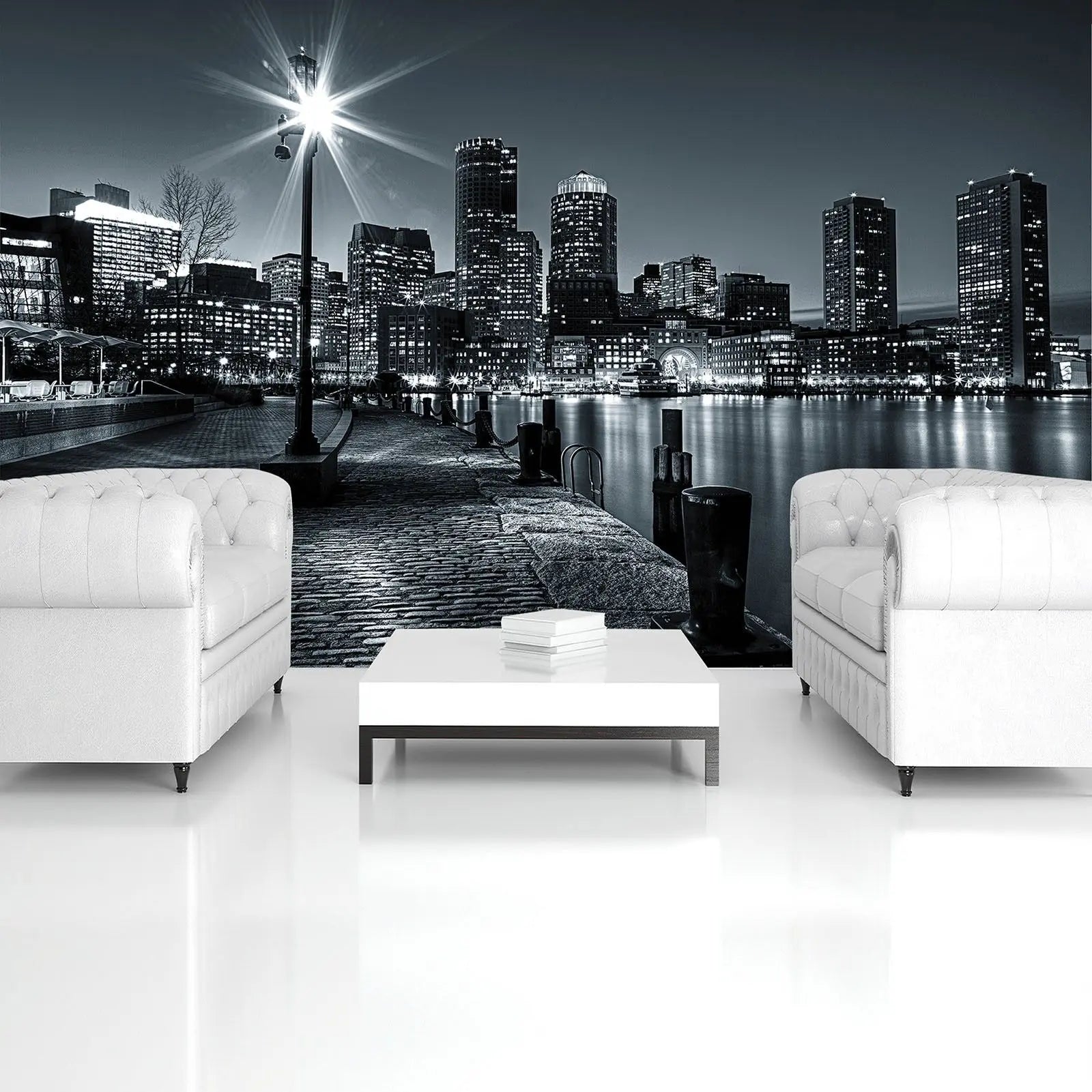 Billede 6 af Fototapet - Natteminimering over Boston skyline med oplyst gadelampe