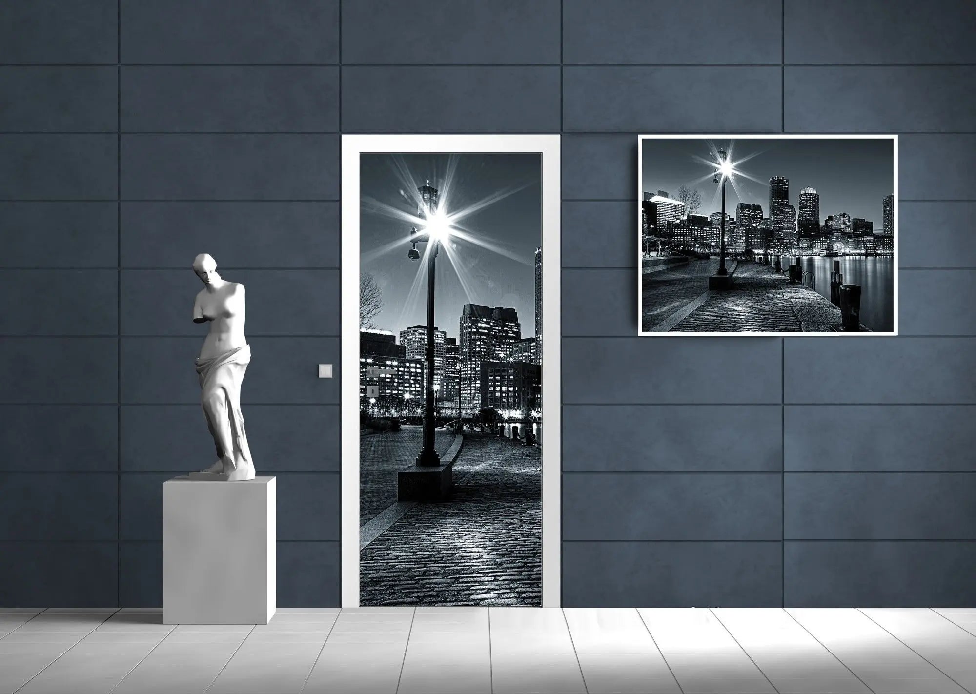 Billede 7 af Fototapet - Natteminimering over Boston skyline med oplyst gadelampe