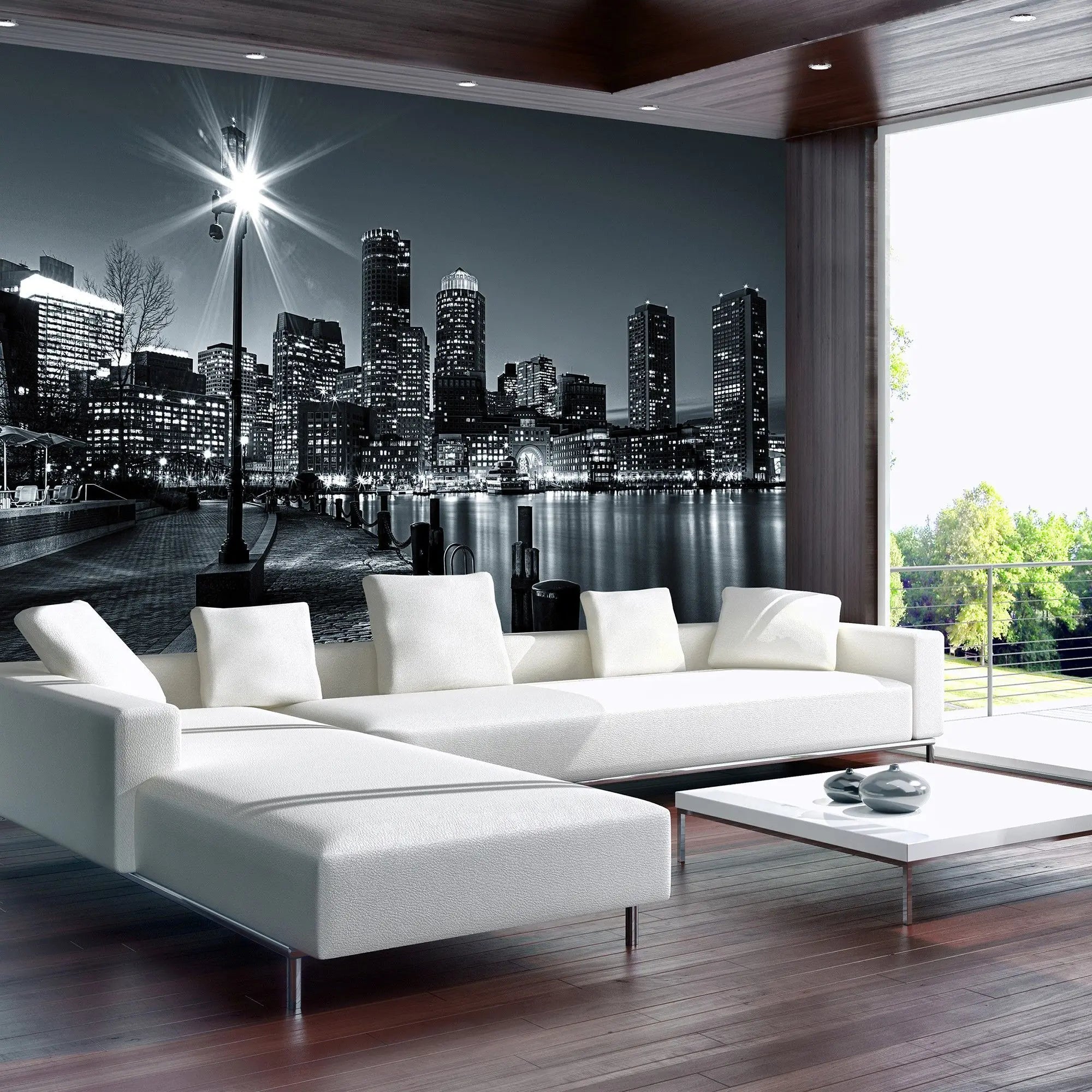 Billede 9 af Fototapet - Natteminimering over Boston skyline med oplyst gadelampe