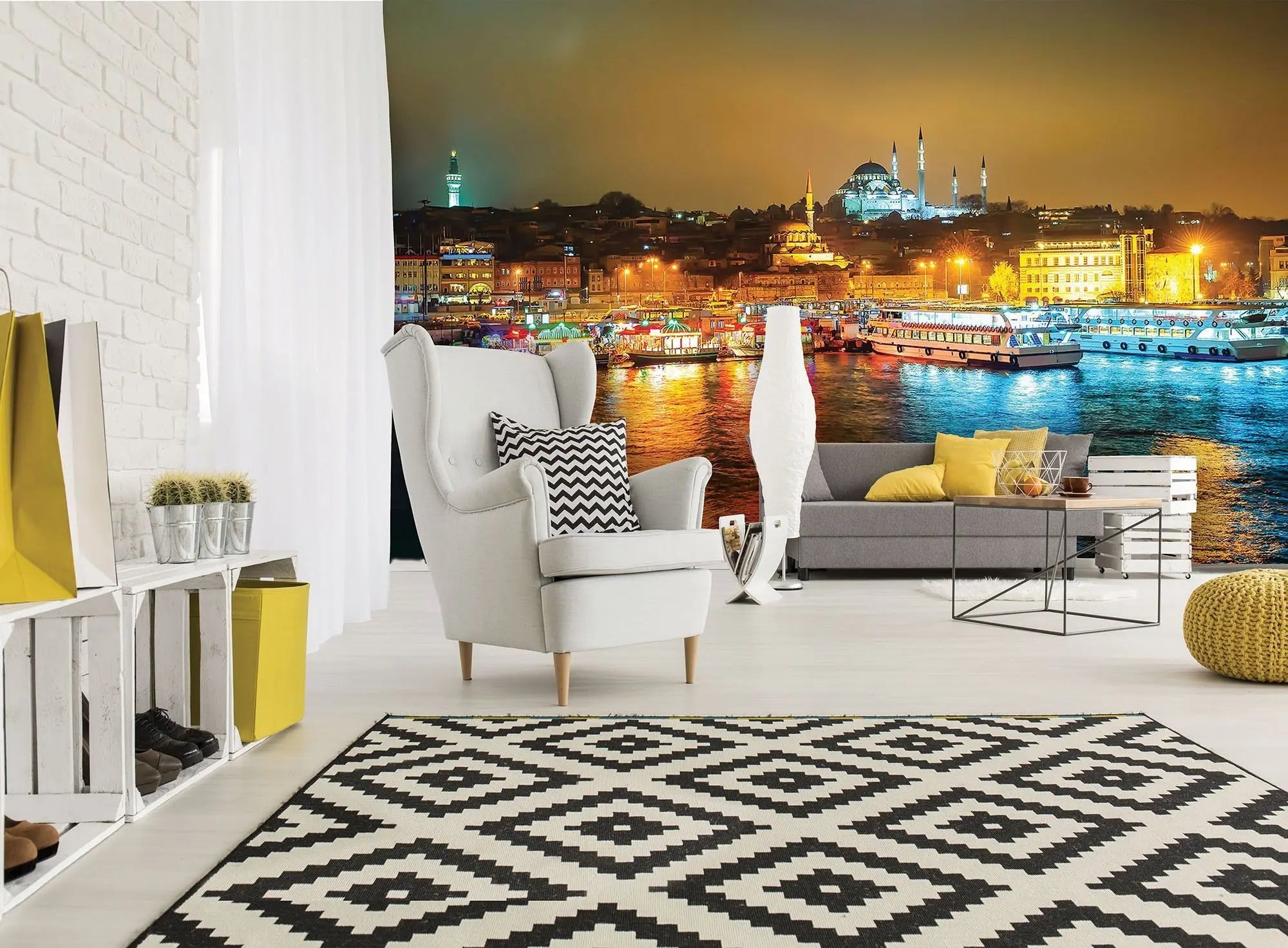 Billede 2 af Fototapet - Nattemotiv af oplyst Süleymaniye-moské og både ved havnen i Istanbul