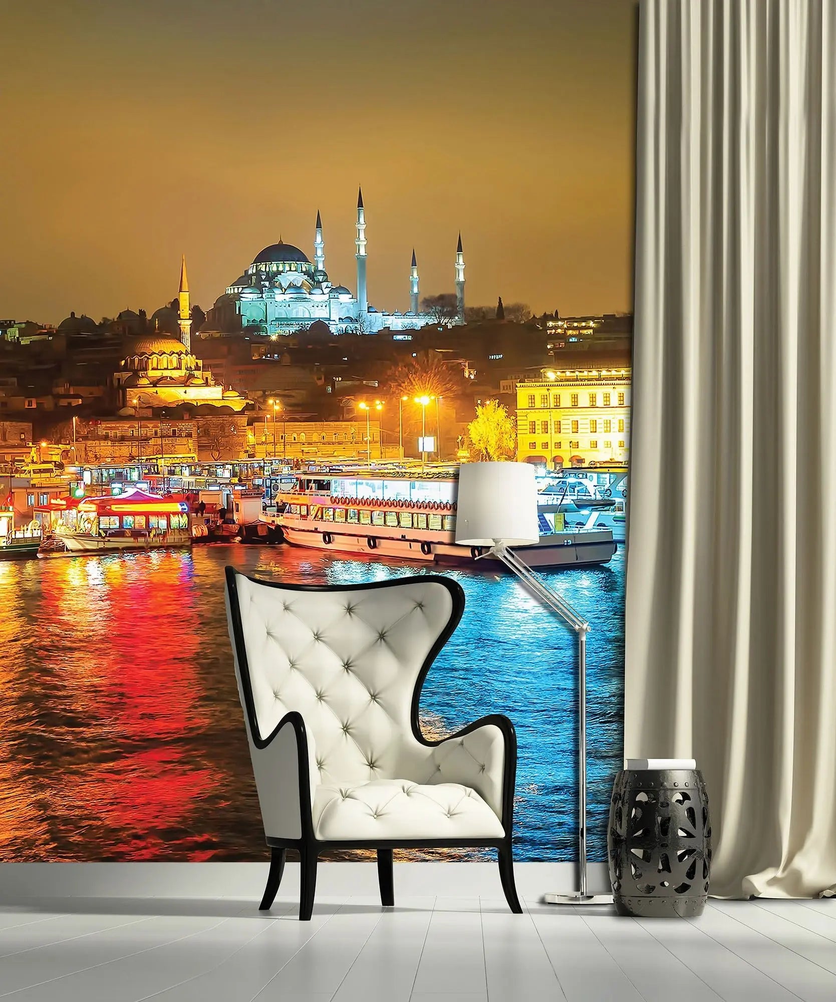 Billede 4 af Fototapet - Nattemotiv af oplyst Süleymaniye-moské og både ved havnen i Istanbul