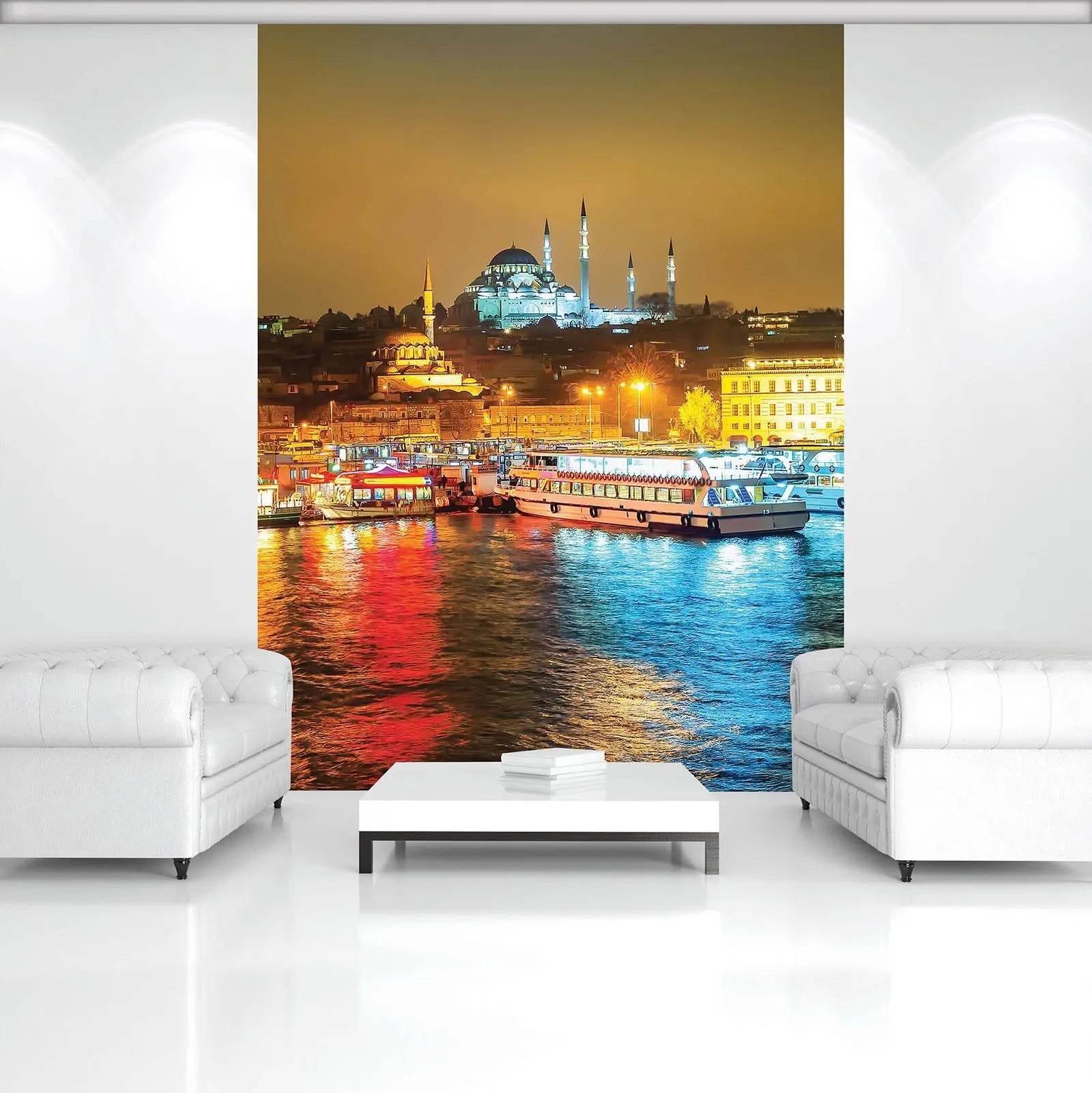 Billede 5 af Fototapet - Nattemotiv af oplyst Süleymaniye-moské og både ved havnen i Istanbul