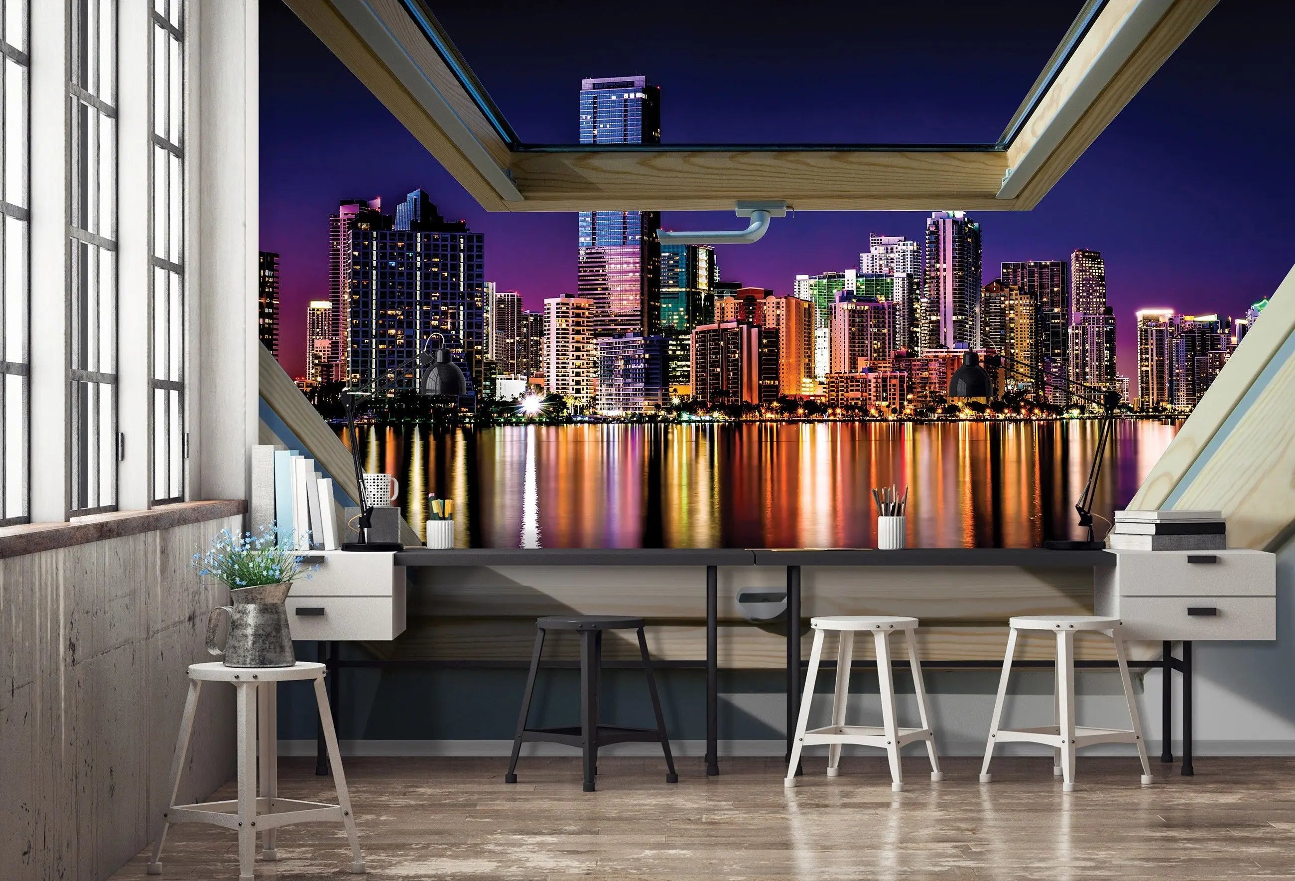 Billede 4 af Fototapet - Natteudsigt over Miami Skyline Set Gennem Ovenlys