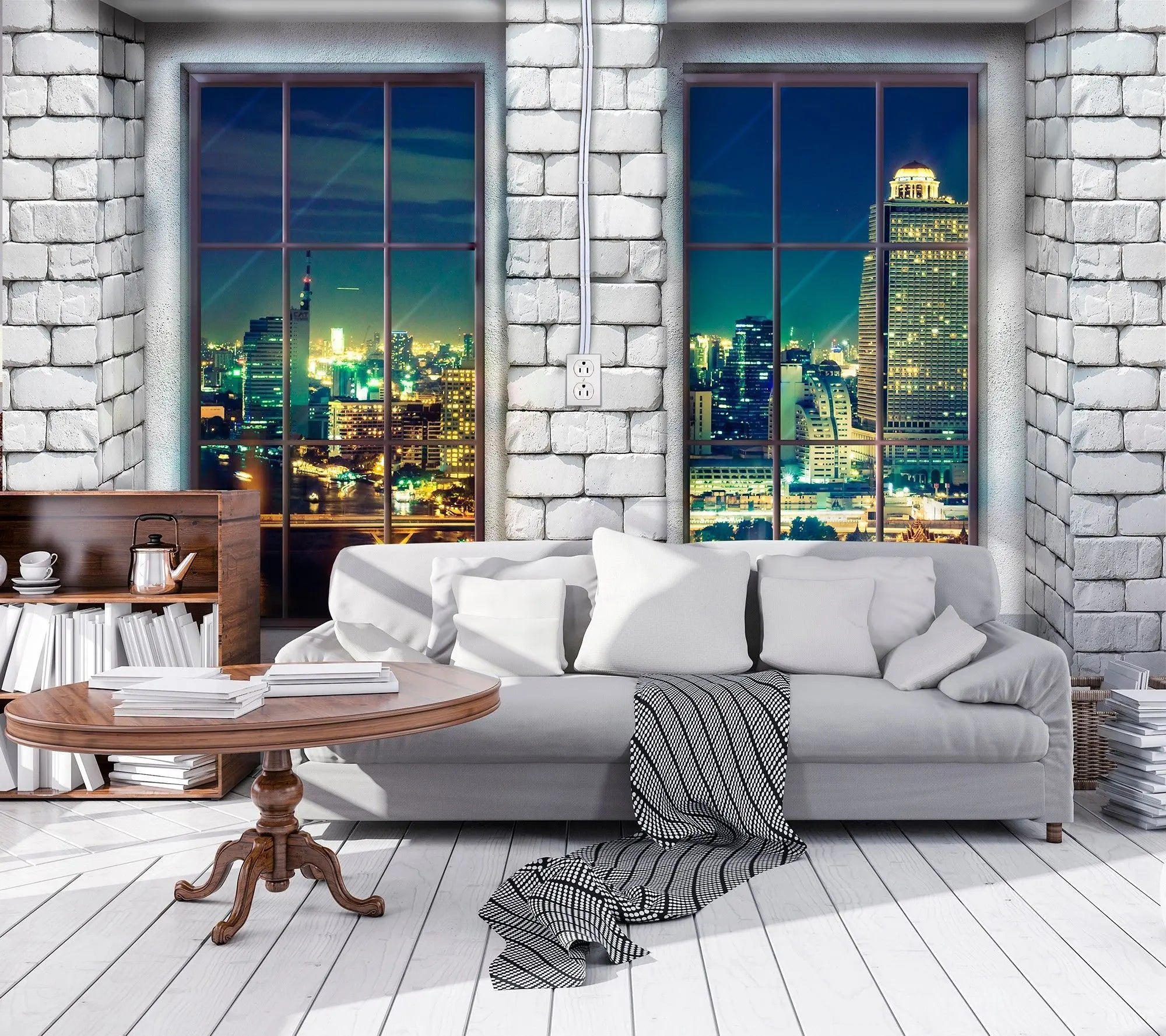 Billede 2 af Fototapet - Natudsigt over by fra murstensvæg med to vinduer