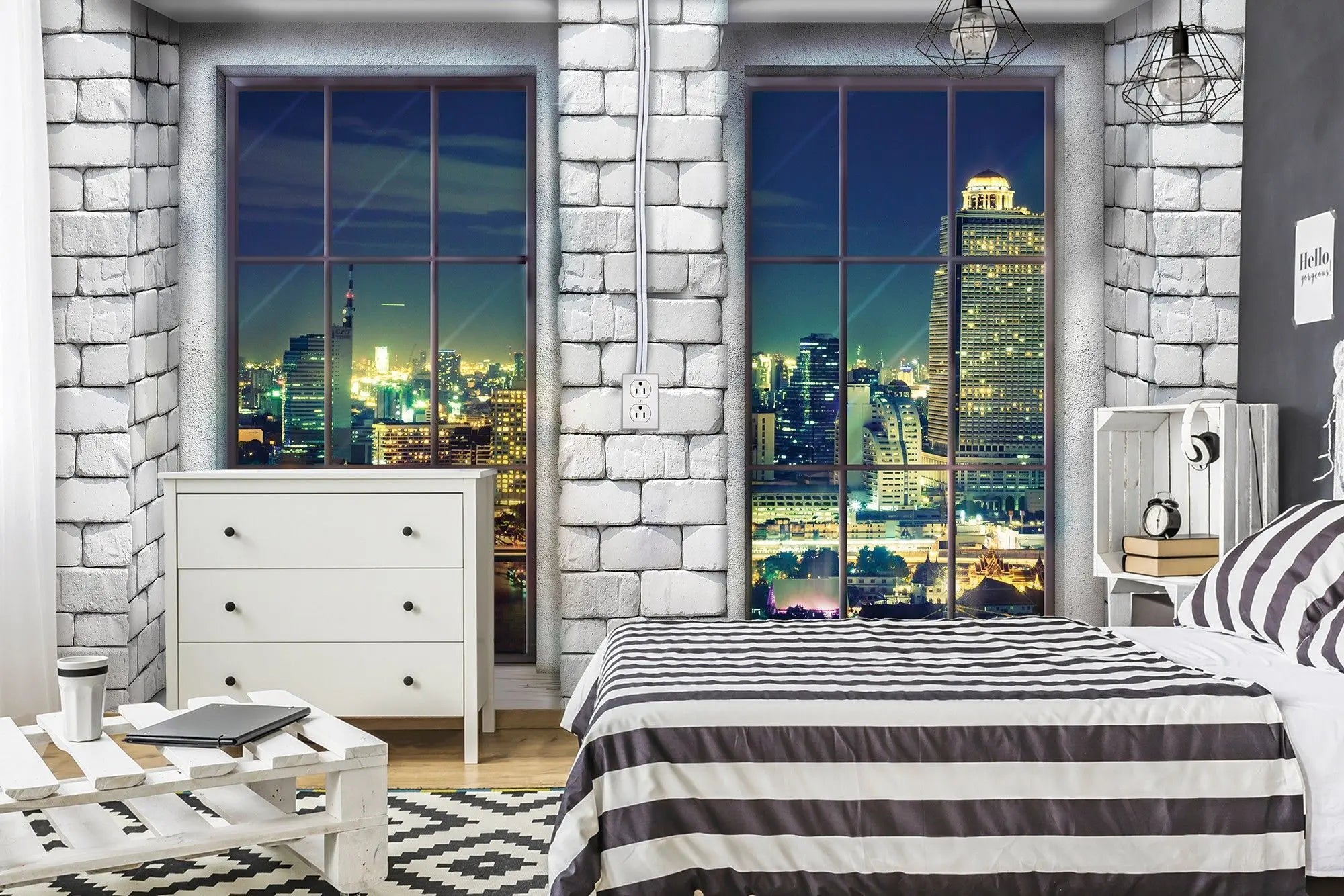 Billede 3 af Fototapet - Natudsigt over by fra murstensvæg med to vinduer