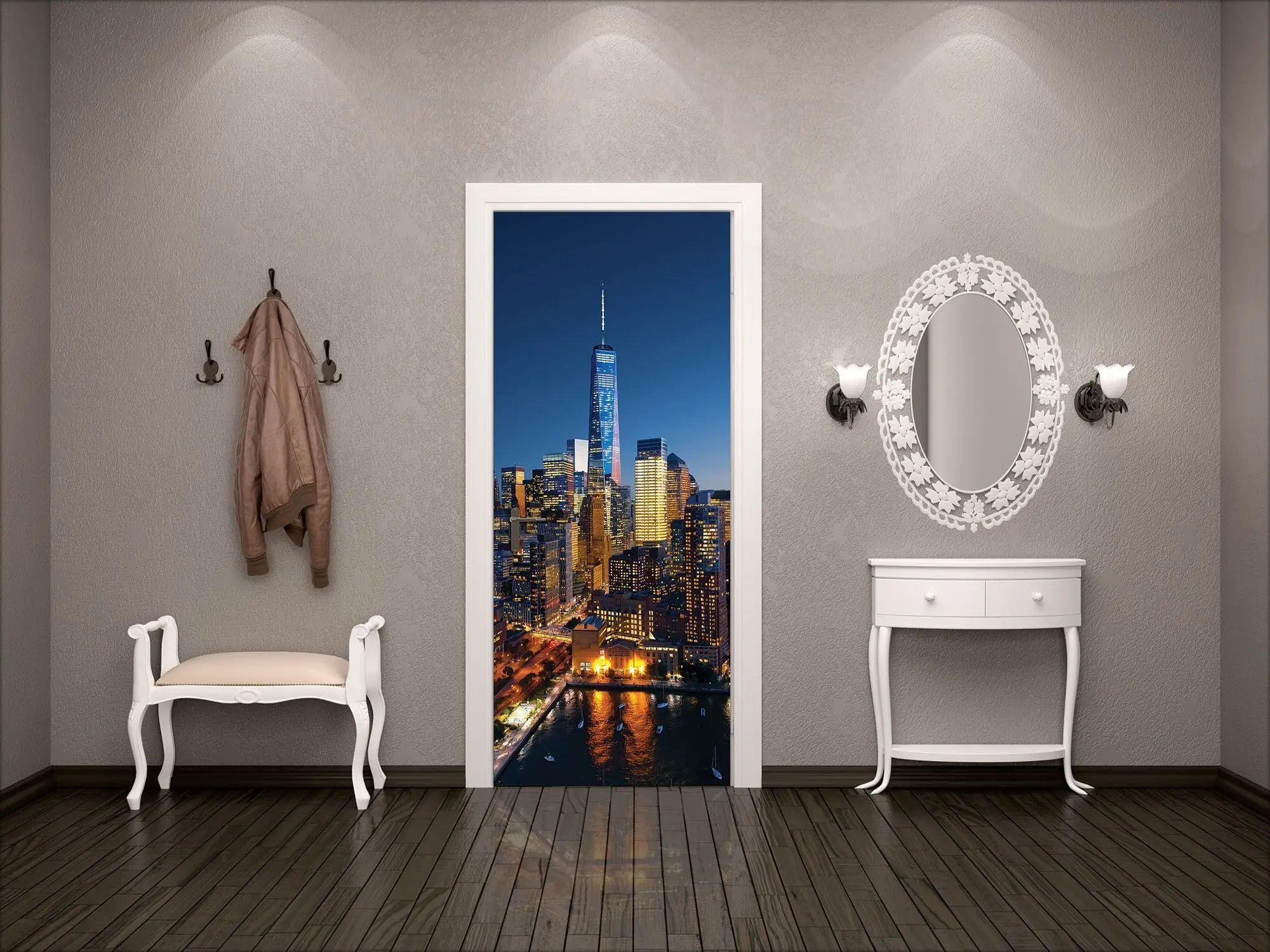 Billede 11 af Fototapet - New York City skyline ved nat med lys fra skyskrabere