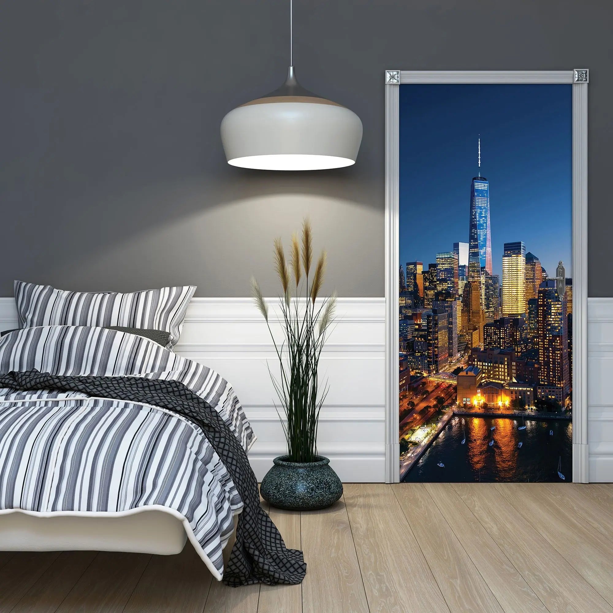 Billede 13 af Fototapet - New York City skyline ved nat med lys fra skyskrabere